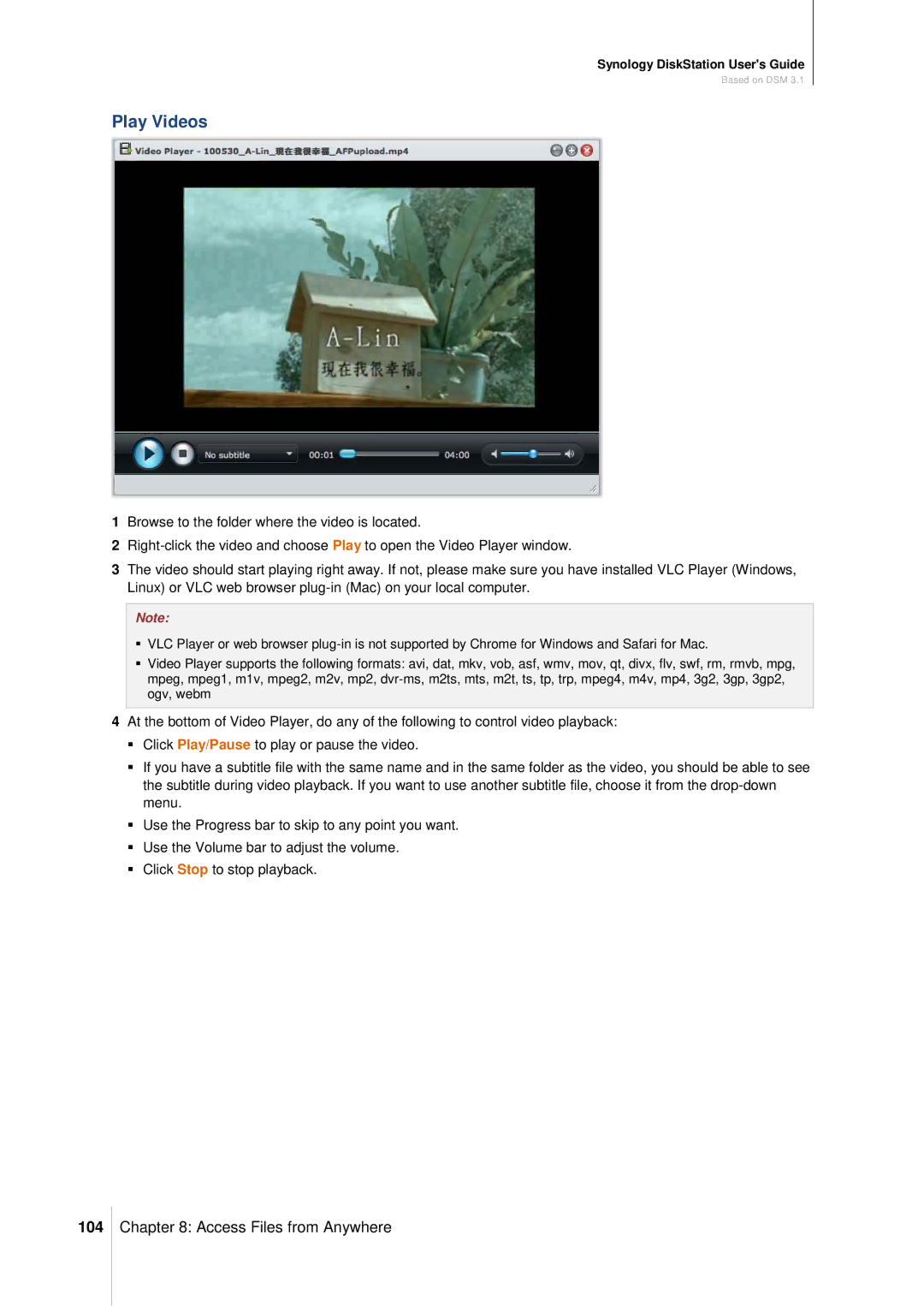 Synology DS411SLIM manual Play Videos, 104 