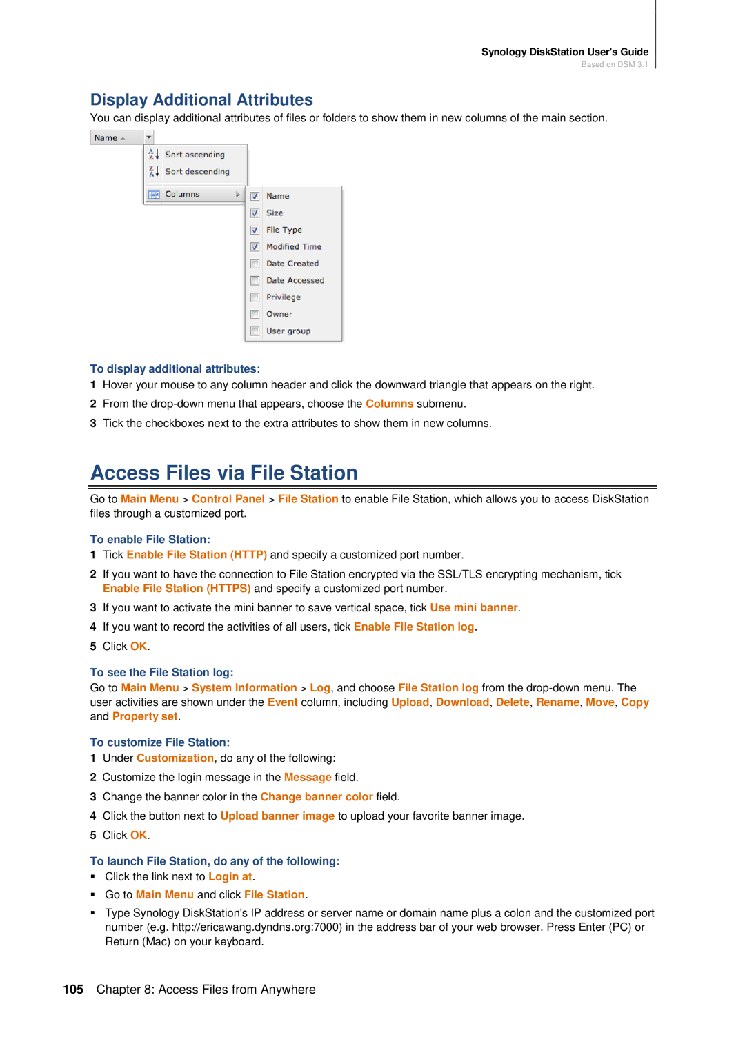 Synology DS411SLIM manual Access Files via File Station, Display Additional Attributes, 105 