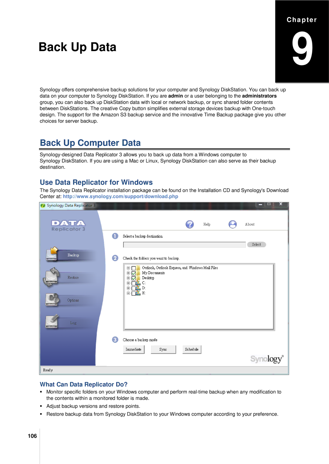 Synology DS411SLIM manual Back Up Computer Data, Use Data Replicator for Windows, What Can Data Replicator Do?, 106 