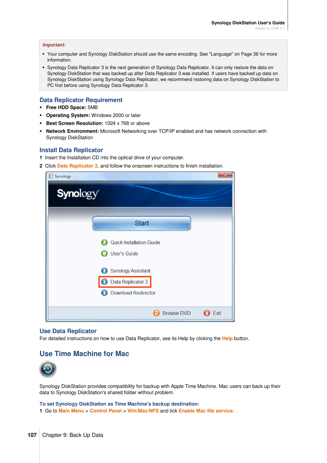 Synology DS411SLIM Use Time Machine for Mac, Data Replicator Requirement, Install Data Replicator, Use Data Replicator 