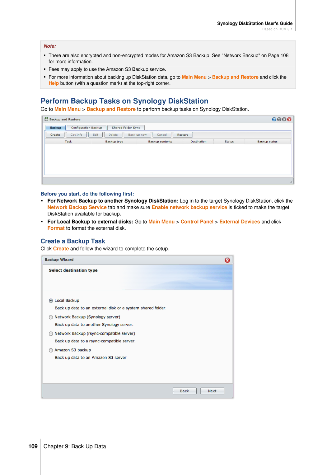Synology DS411SLIM manual Perform Backup Tasks on Synology DiskStation, Create a Backup Task, 109 