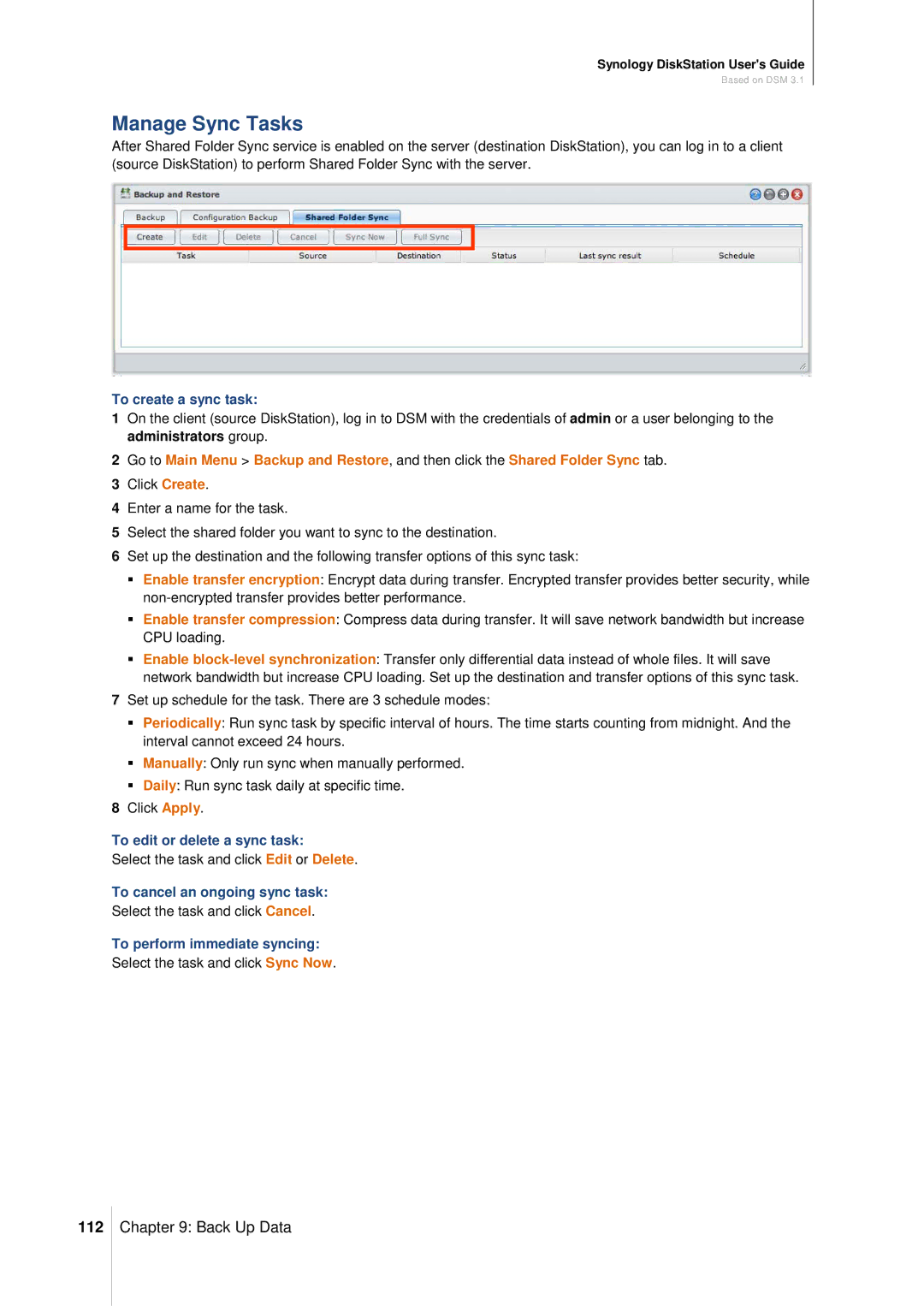 Synology DS411SLIM manual Manage Sync Tasks, 112 