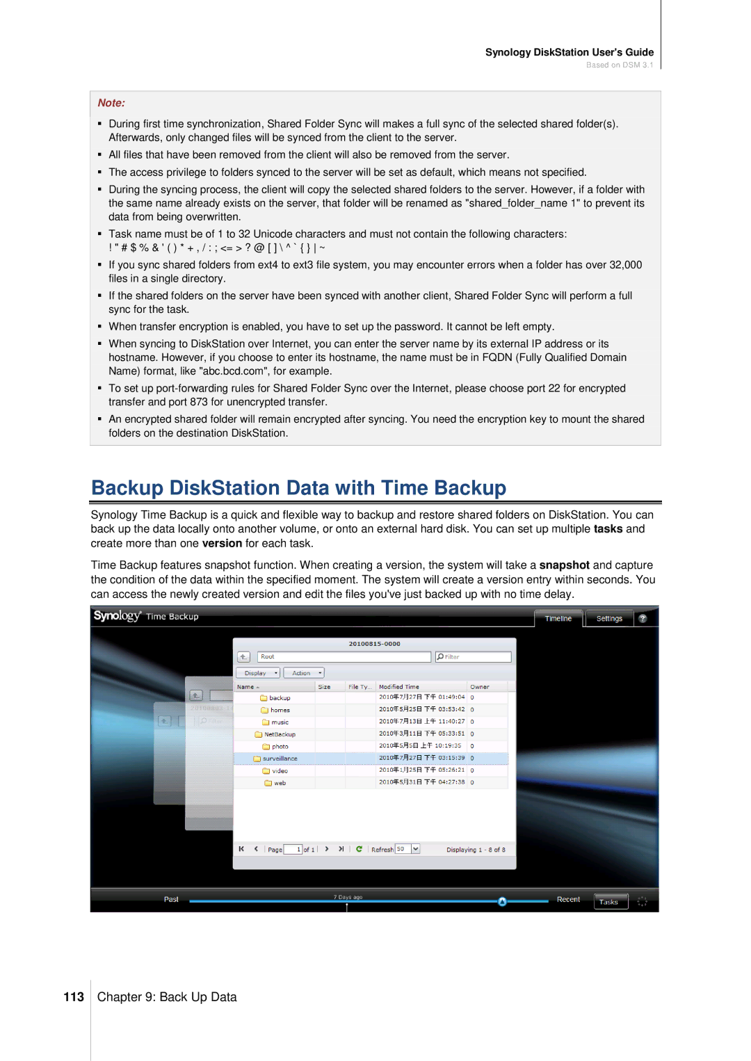 Synology DS411SLIM manual Backup DiskStation Data with Time Backup, 113 