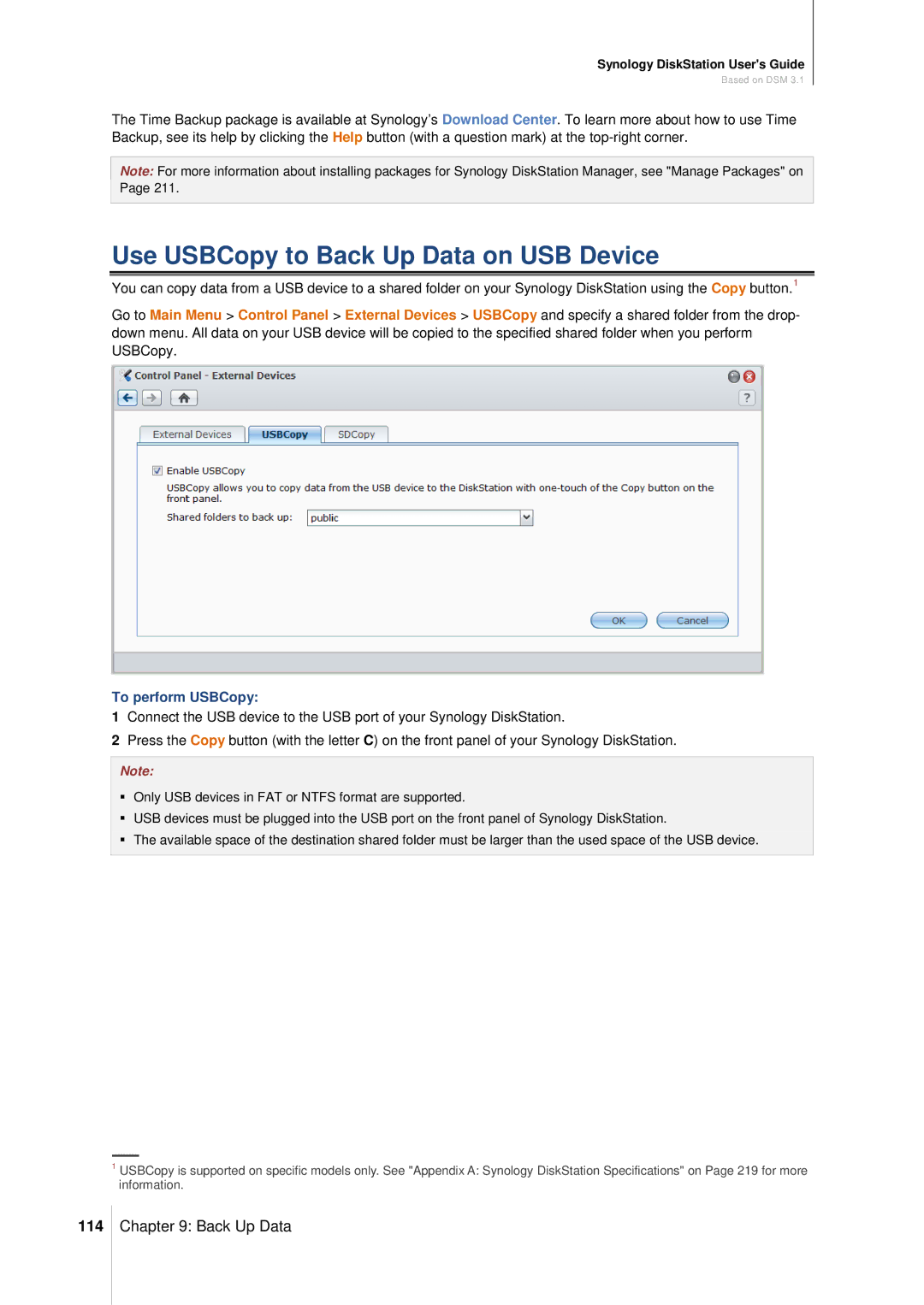 Synology DS411SLIM manual Use USBCopy to Back Up Data on USB Device, 114, To perform USBCopy 