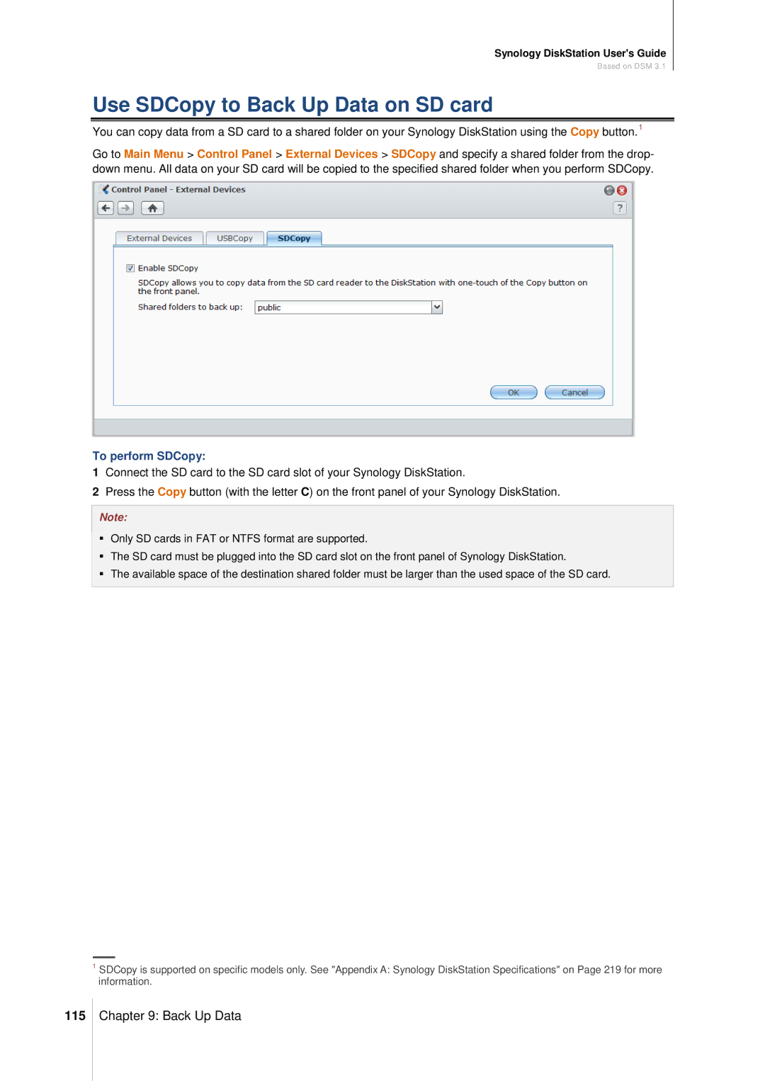 Synology DS411SLIM manual Use SDCopy to Back Up Data on SD card, 115, To perform SDCopy 