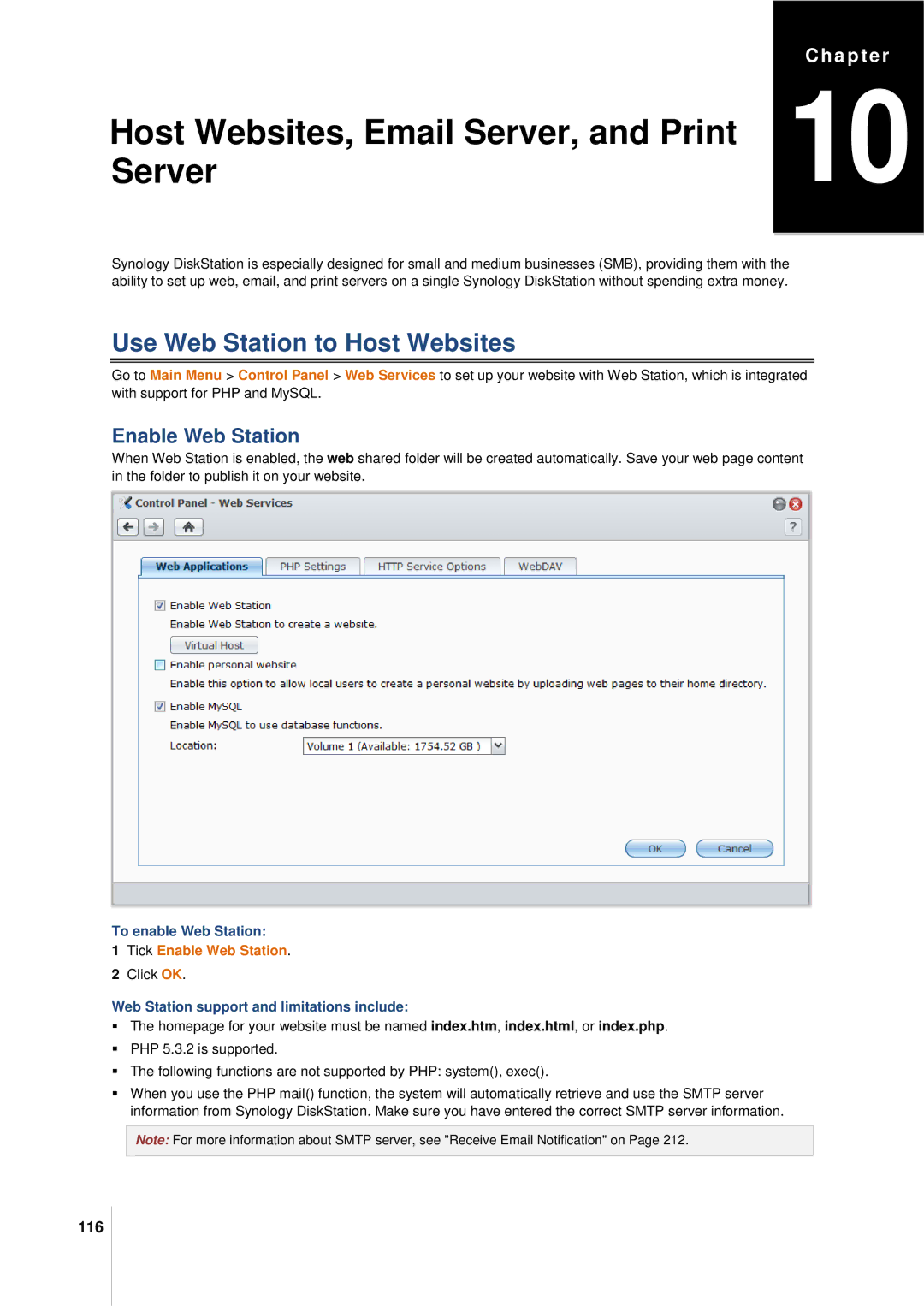 Synology DS411SLIM manual Use Web Station to Host Websites, 116, Tick Enable Web Station 