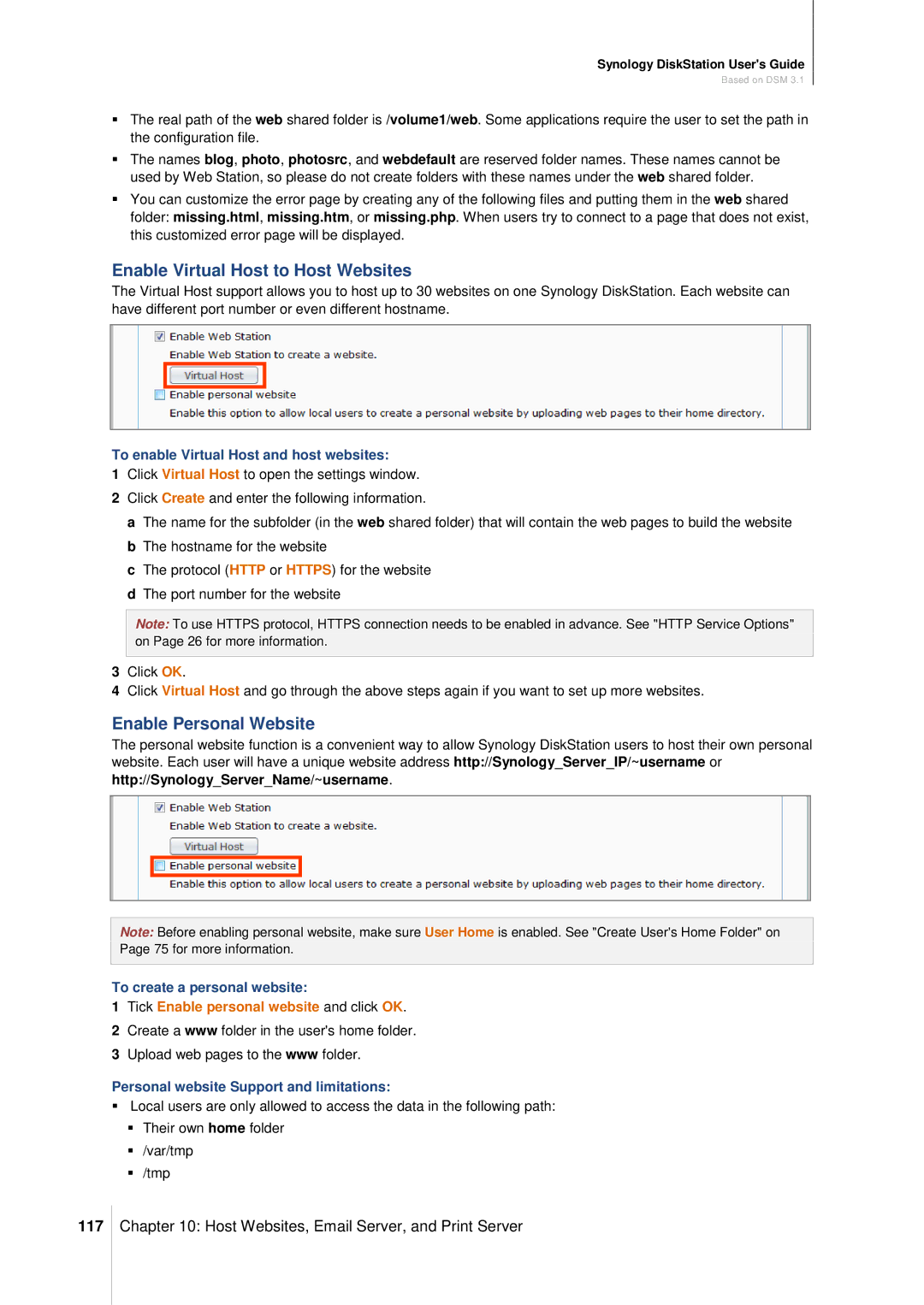 Synology DS411SLIM manual Enable Virtual Host to Host Websites, Enable Personal Website, 117 