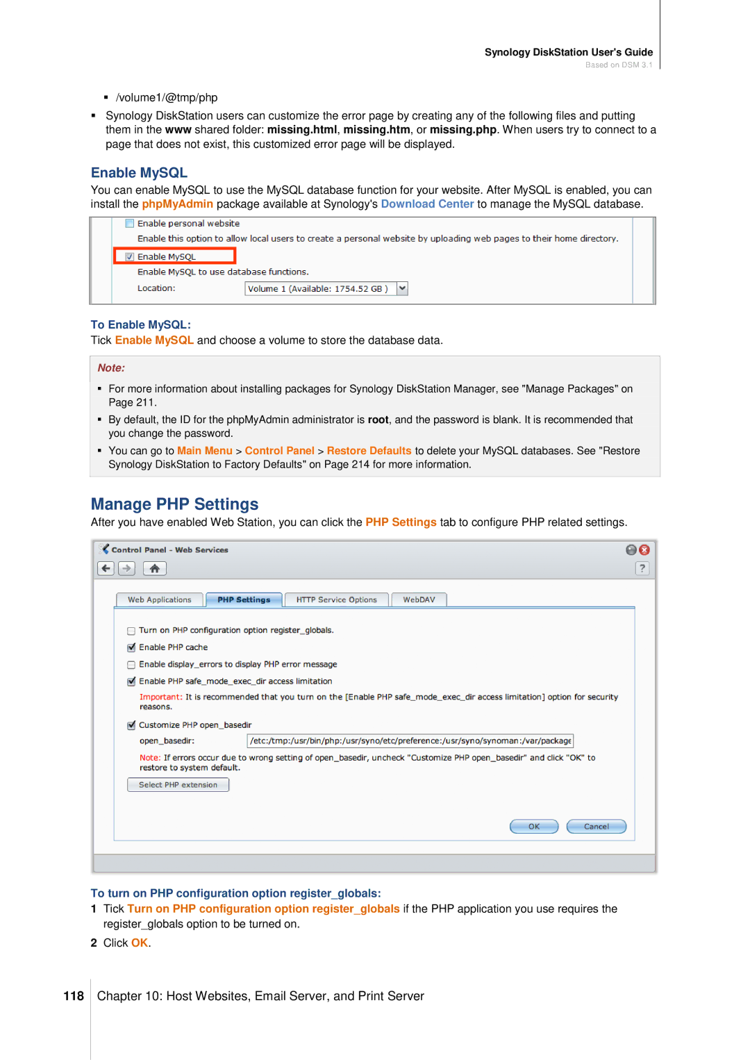 Synology DS411SLIM Manage PHP Settings, 118, To Enable MySQL, To turn on PHP configuration option registerglobals 