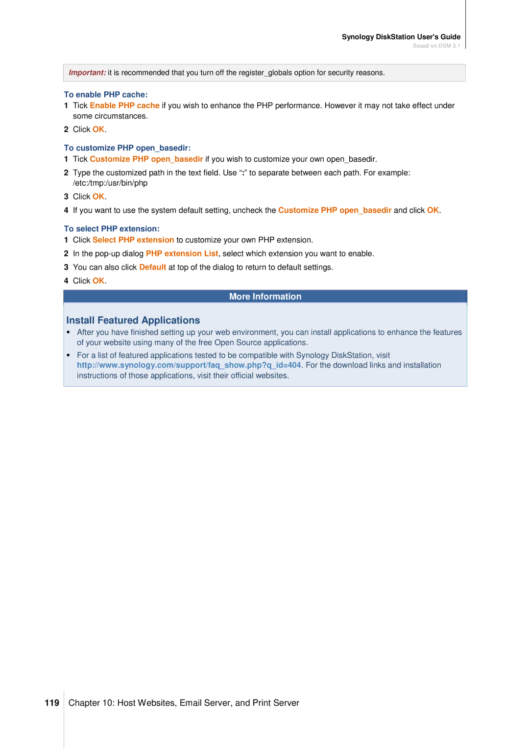 Synology DS411SLIM manual Install Featured Applications, 119, To enable PHP cache, To customize PHP openbasedir 