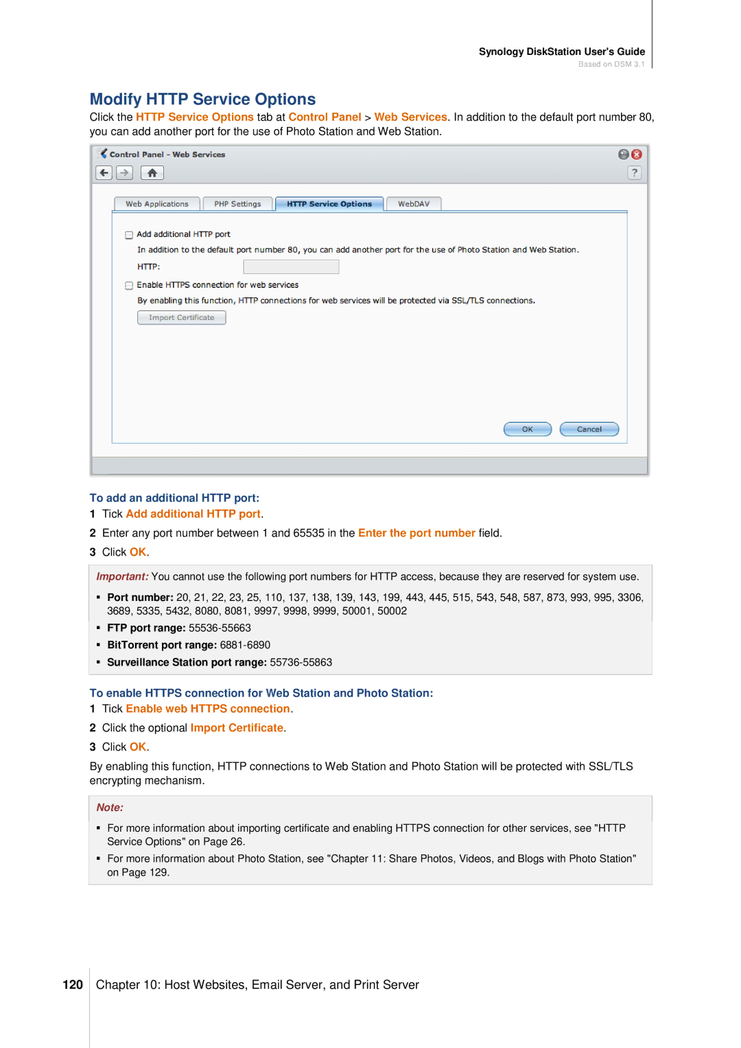 Synology DS411SLIM manual Modify Http Service Options, 120, To add an additional Http port, Tick Add additional Http port 