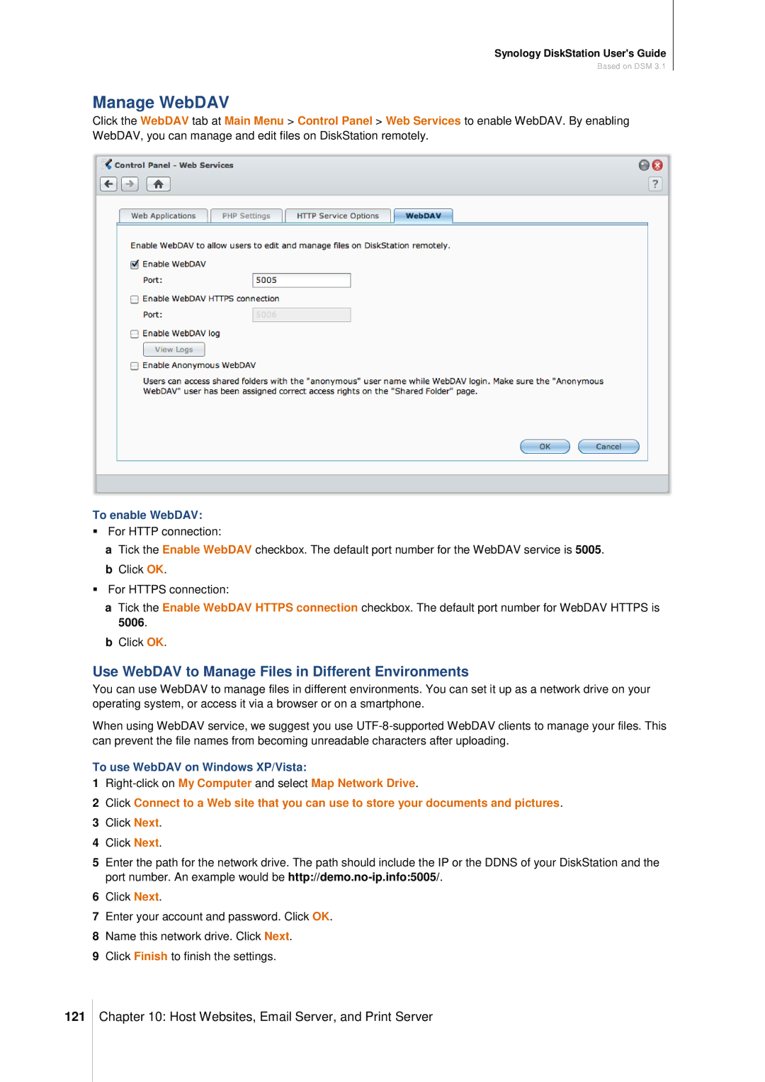 Synology DS411SLIM manual Manage WebDAV, Use WebDAV to Manage Files in Different Environments, 121, To enable WebDAV 