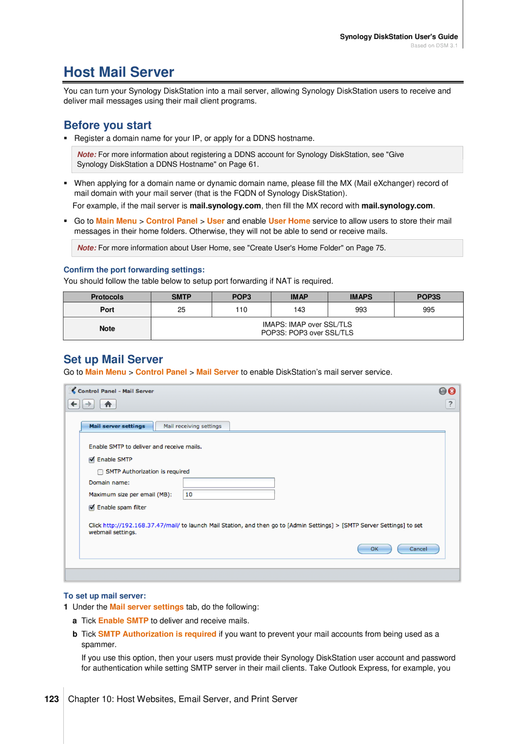 Synology DS411SLIM manual Host Mail Server, Before you start, Set up Mail Server, 123 