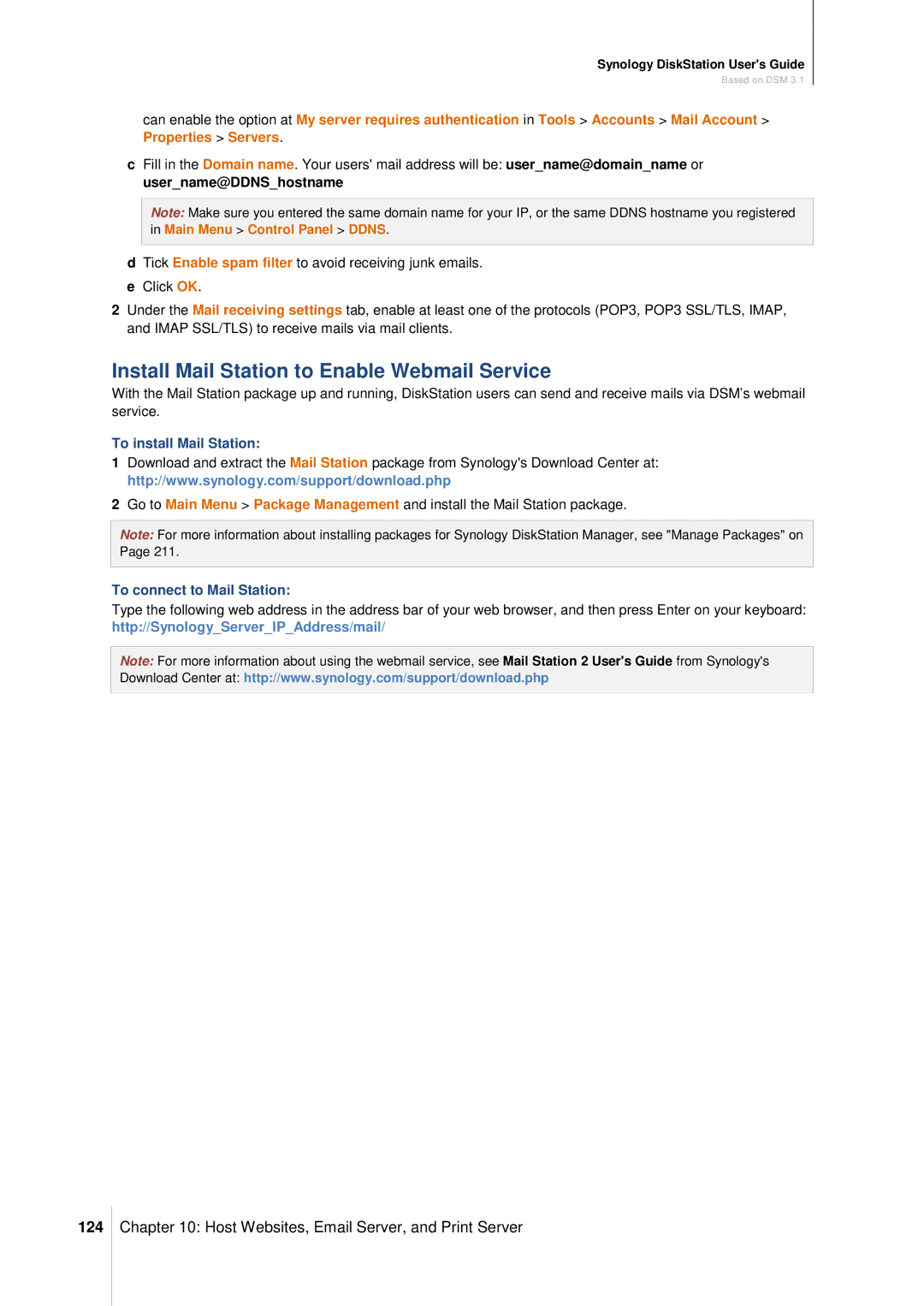 Synology DS411SLIM manual Install Mail Station to Enable Webmail Service, 124, To install Mail Station 