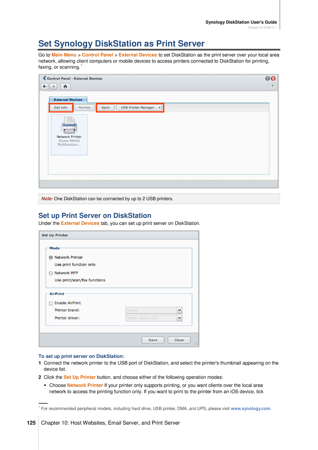 Synology DS411SLIM manual Set Synology DiskStation as Print Server, Set up Print Server on DiskStation, 125 