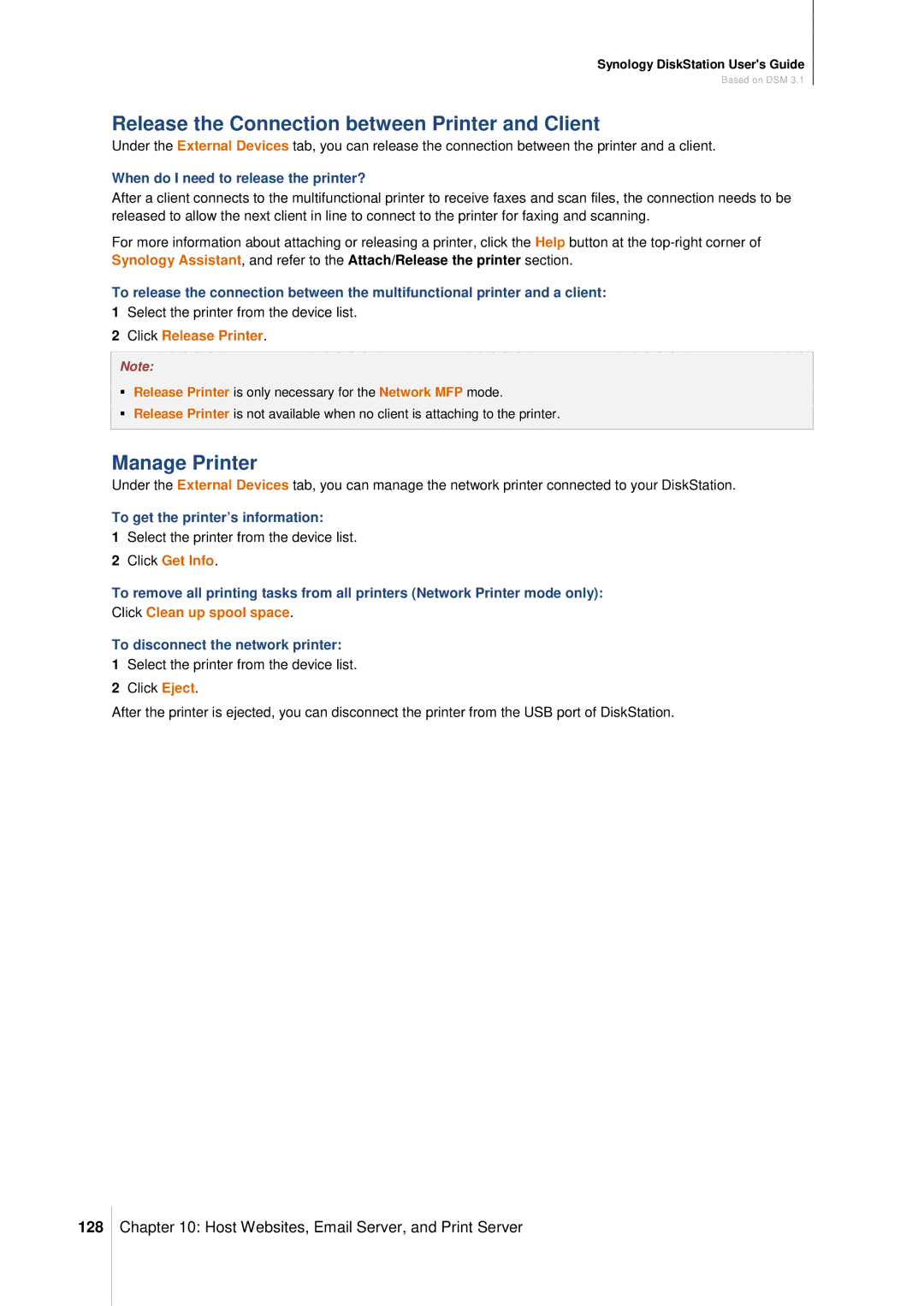 Synology DS411SLIM manual Release the Connection between Printer and Client, Manage Printer, 128, Click Release Printer 