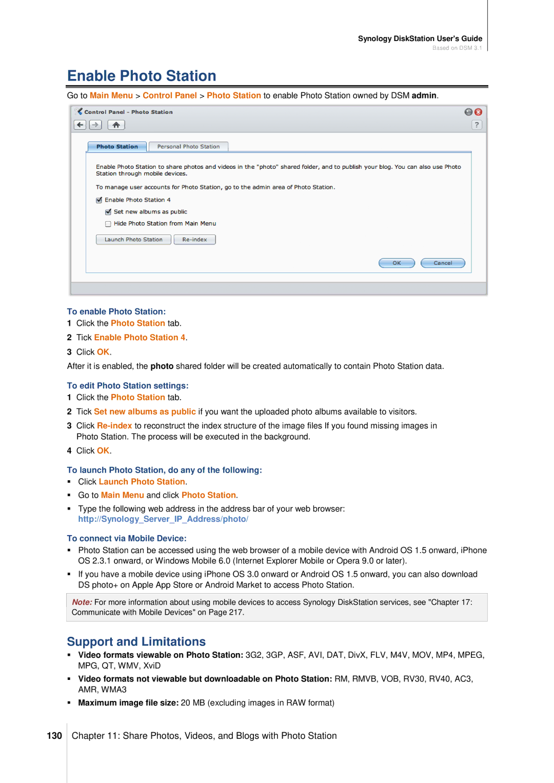 Synology DS411SLIM manual Support and Limitations, 130, Tick Enable Photo Station 