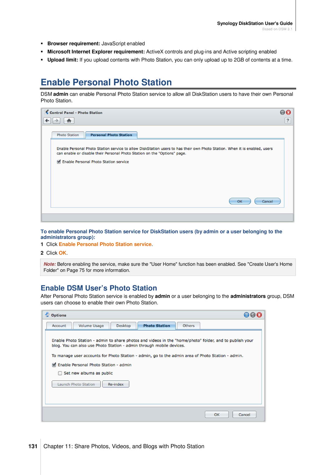 Synology DS411SLIM manual Enable Personal Photo Station, Enable DSM User’s Photo Station, 131 