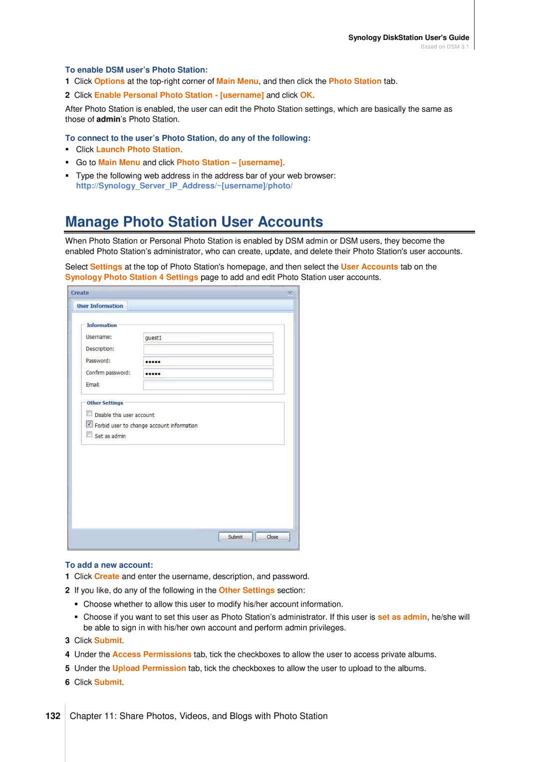 Synology DS411SLIM manual Manage Photo Station User Accounts, 132, To enable DSM user’s Photo Station, To add a new account 