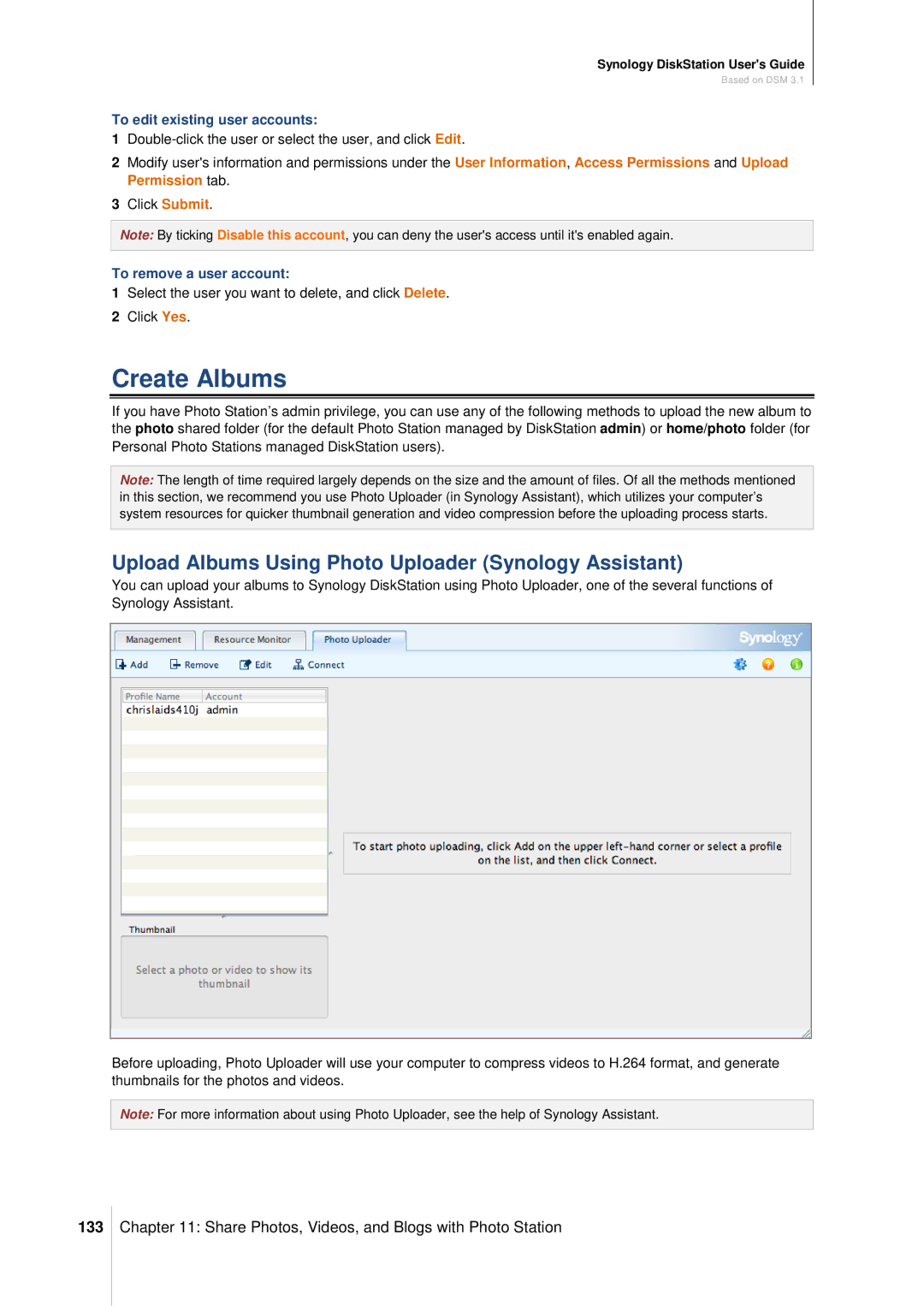 Synology DS411SLIM Create Albums, Upload Albums Using Photo Uploader Synology Assistant, 133, To remove a user account 