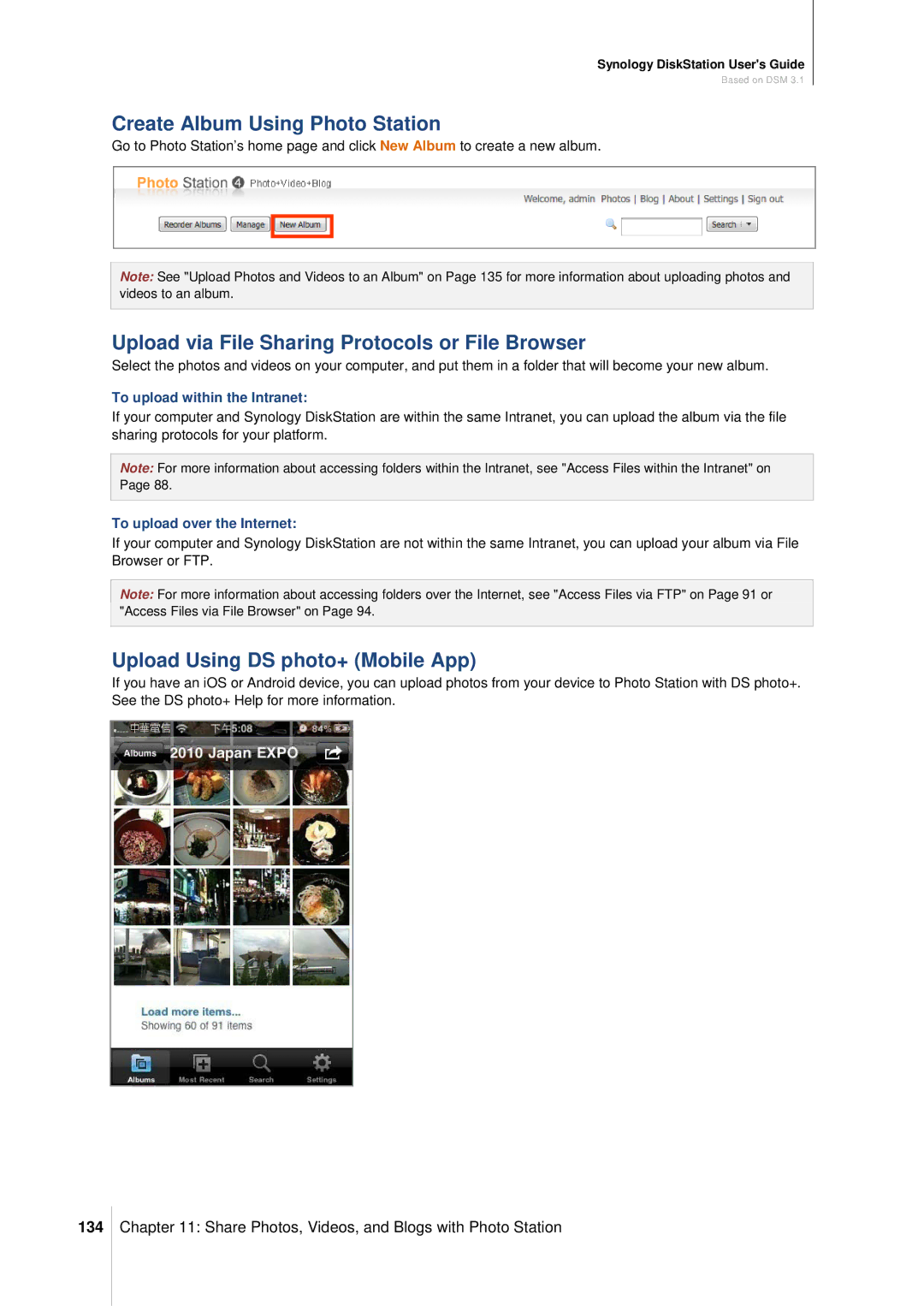 Synology DS411SLIM manual Create Album Using Photo Station, Upload via File Sharing Protocols or File Browser, 134 