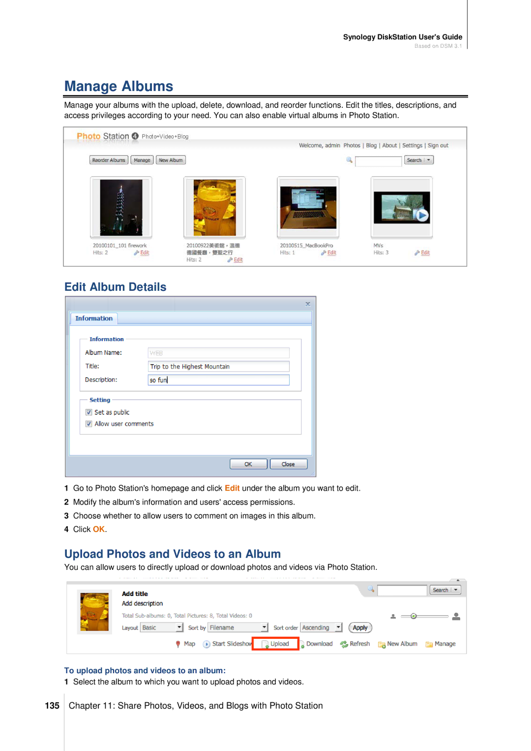 Synology DS411SLIM manual Manage Albums, Edit Album Details, Upload Photos and Videos to an Album, 135 