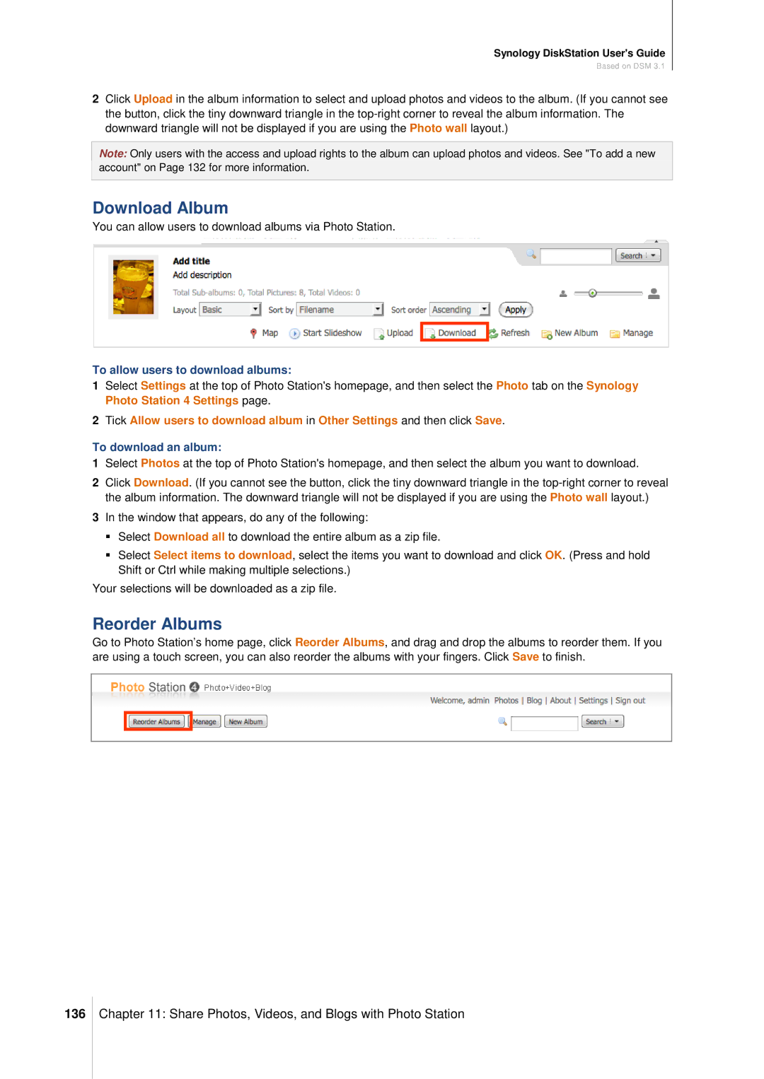 Synology DS411SLIM manual Download Album, Reorder Albums, 136, To allow users to download albums, To download an album 