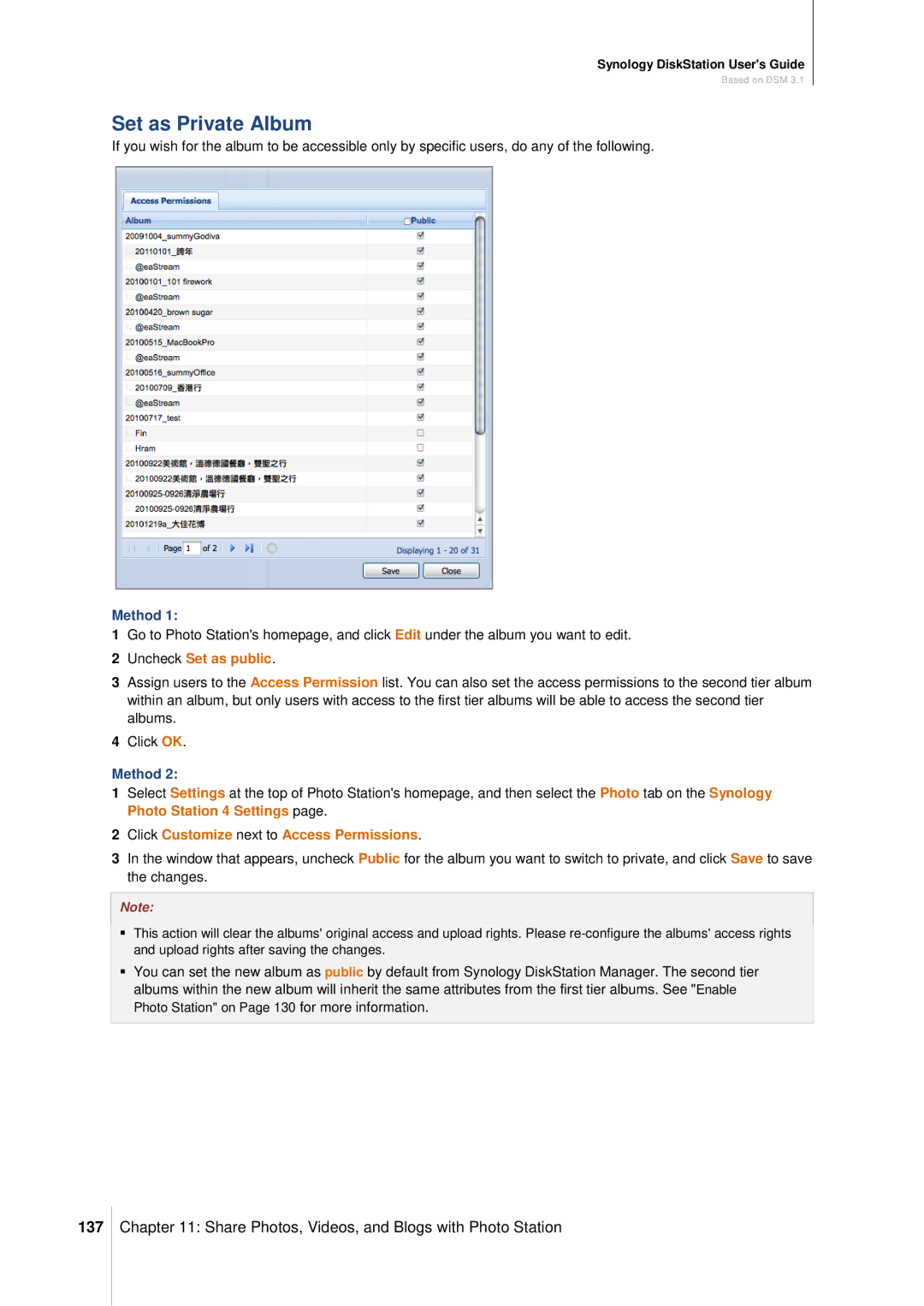 Synology DS411SLIM manual Set as Private Album, 137, Uncheck Set as public, Click Customize next to Access Permissions 