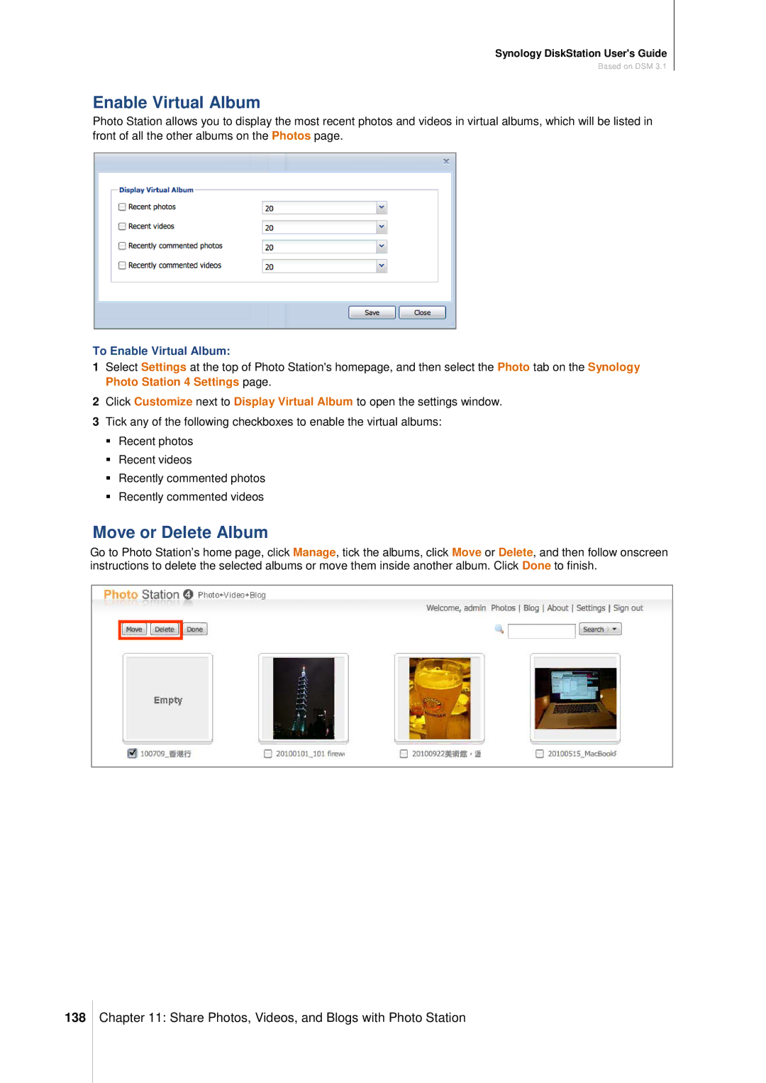 Synology DS411SLIM manual Move or Delete Album, 138, To Enable Virtual Album 