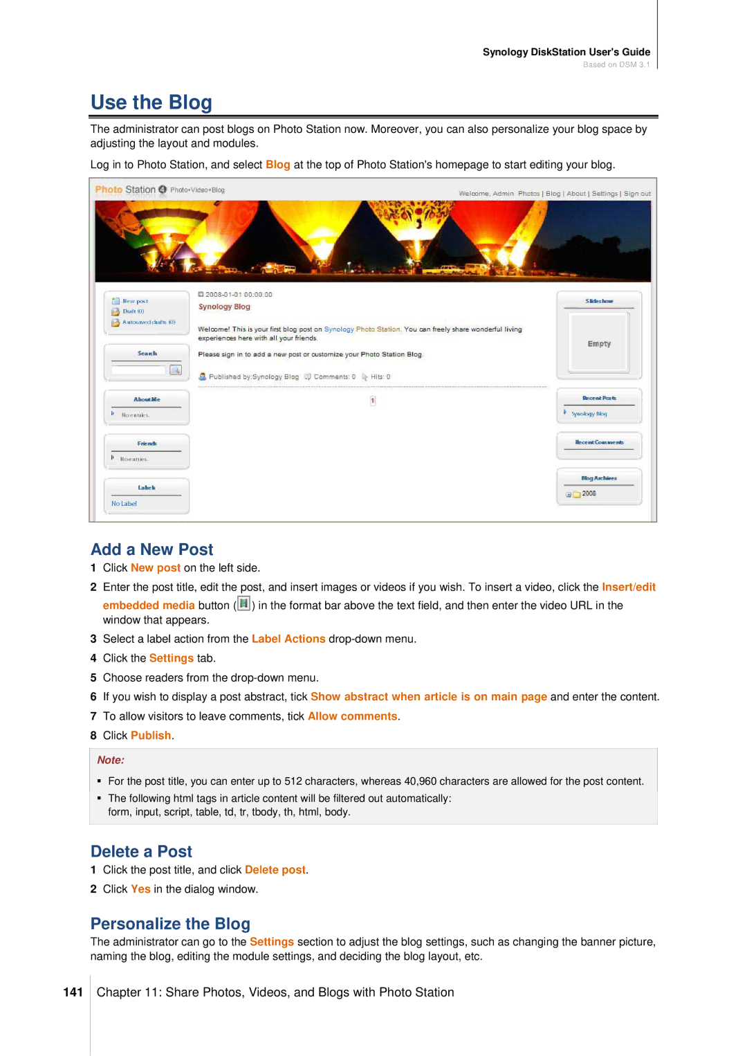 Synology DS411SLIM manual Use the Blog, Add a New Post, Delete a Post, Personalize the Blog, 141 