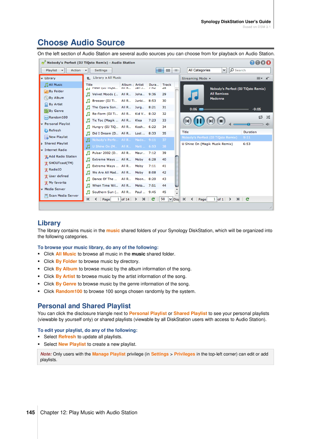 Synology DS411SLIM manual Choose Audio Source, Library, Personal and Shared Playlist, 145 