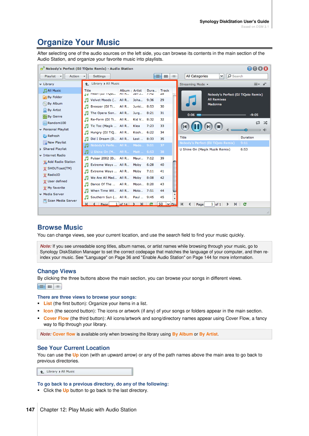Synology DS411SLIM manual Organize Your Music, Browse Music, Change Views, See Your Current Location, 147 