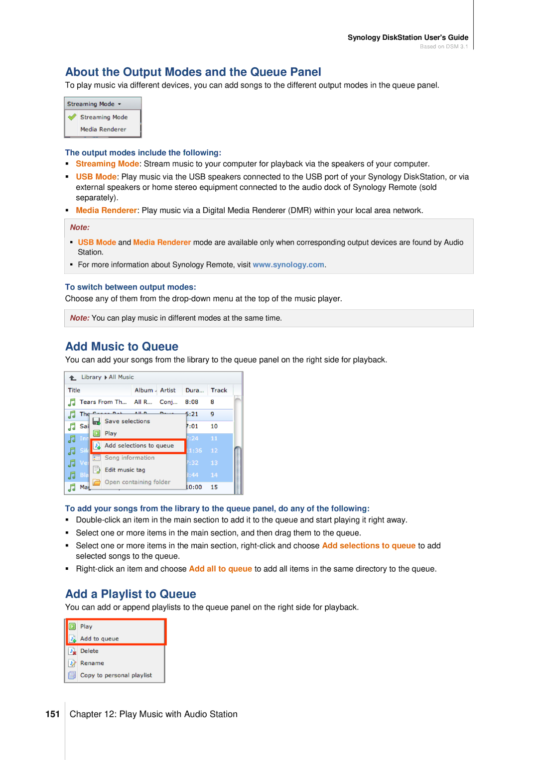 Synology DS411SLIM manual About the Output Modes and the Queue Panel, Add Music to Queue, Add a Playlist to Queue, 151 