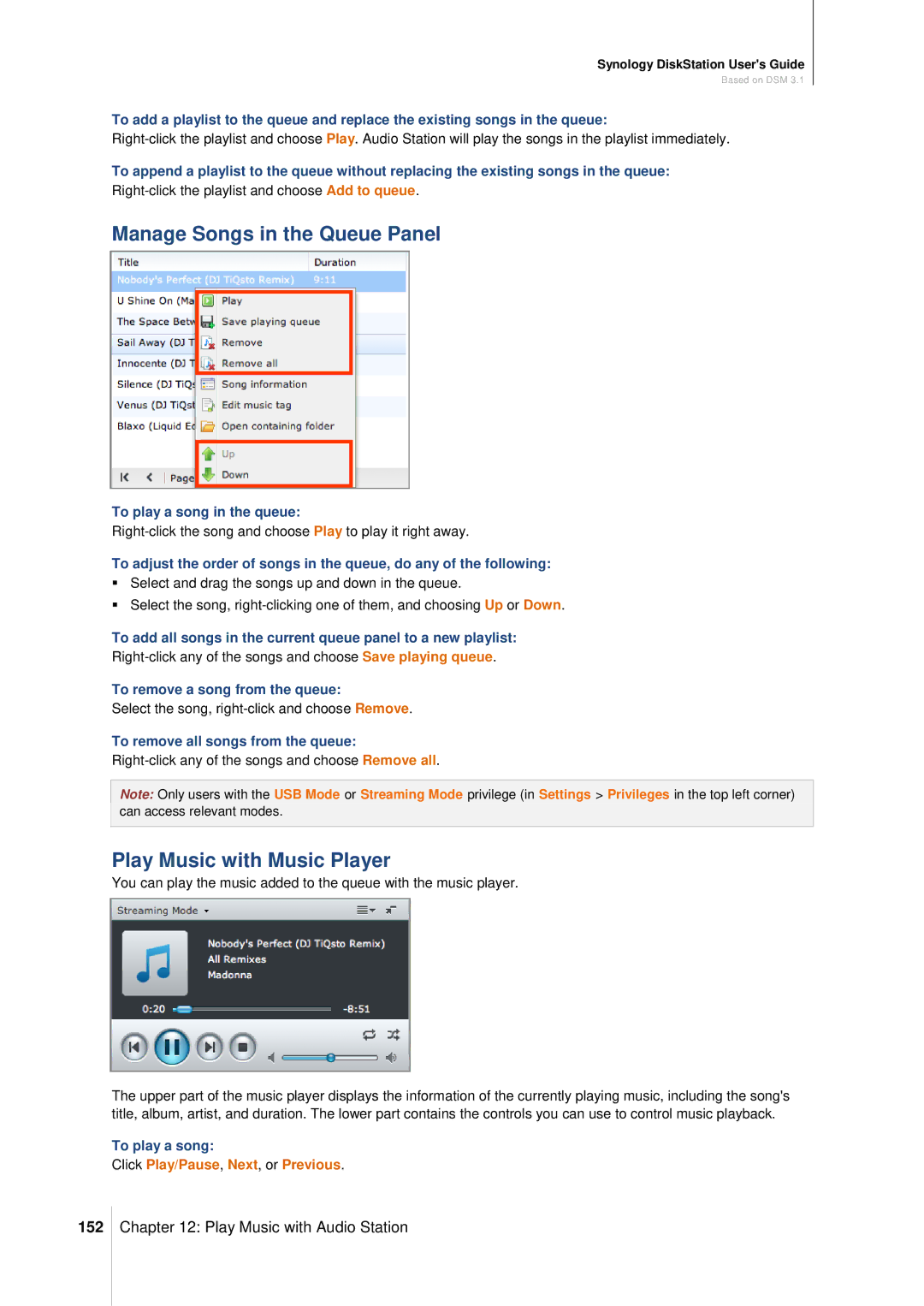 Synology DS411SLIM Manage Songs in the Queue Panel, Play Music with Music Player, 152, Click Play/Pause, Next, or Previous 