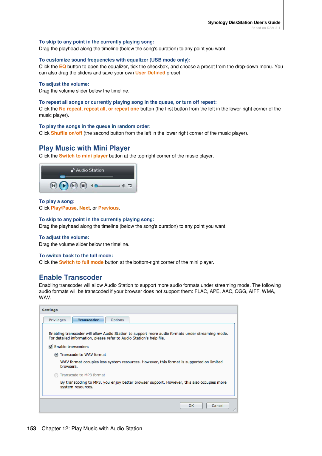 Synology DS411SLIM manual Play Music with Mini Player, Enable Transcoder, 153 