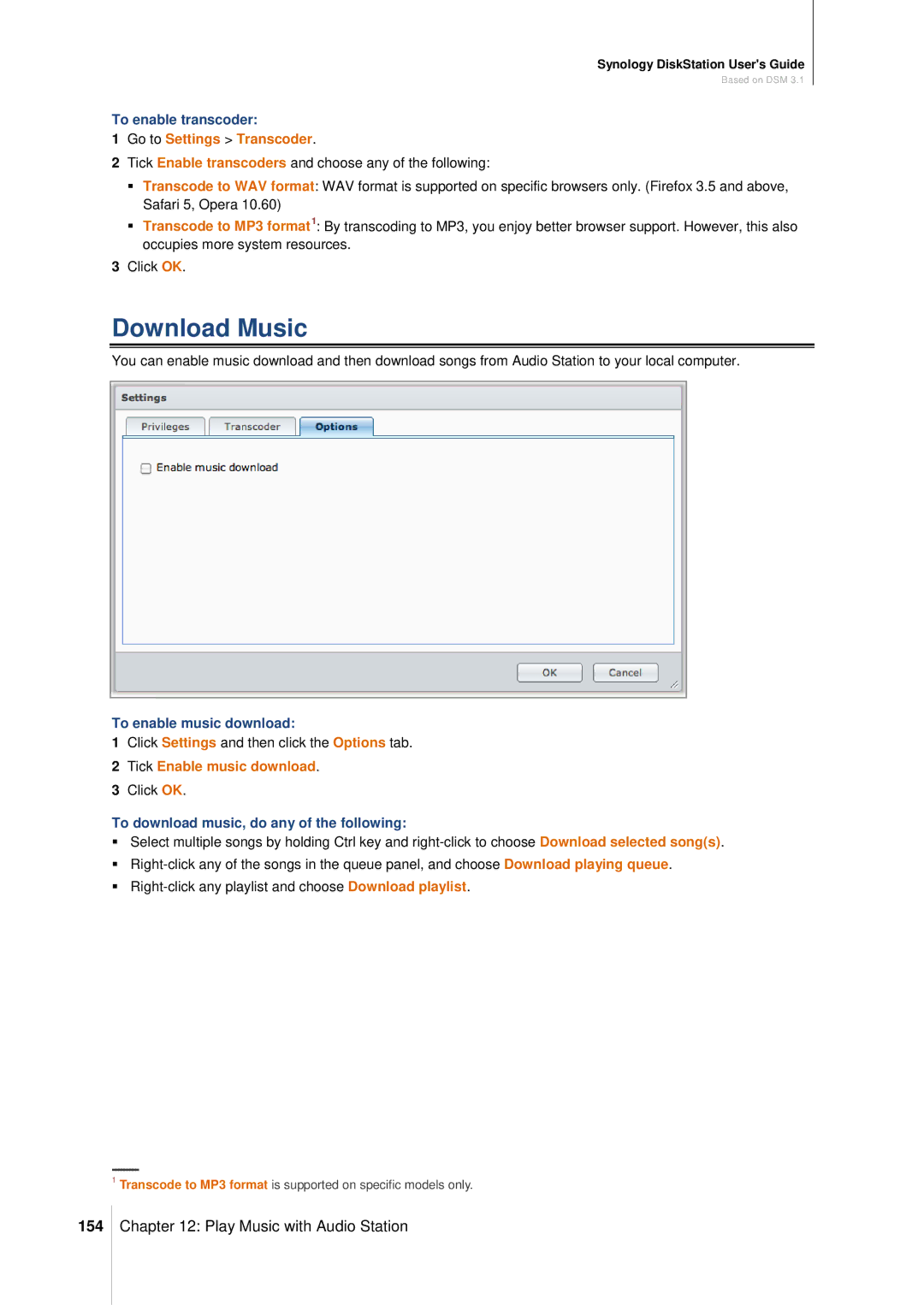 Synology DS411SLIM manual Download Music, 154, Go to Settings Transcoder, Tick Enable music download 