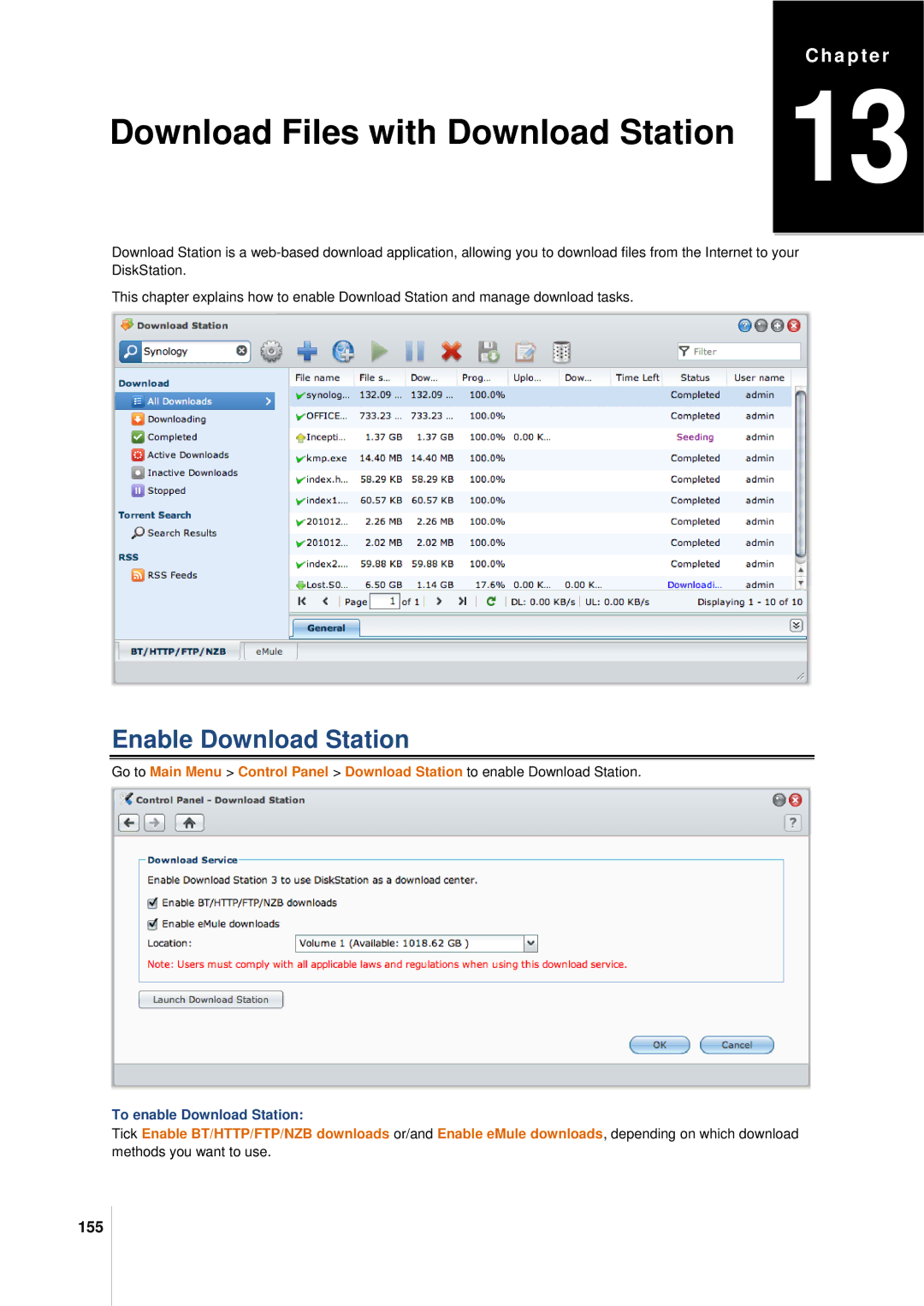 Synology DS411SLIM manual Enable Download Station, 155, To enable Download Station 