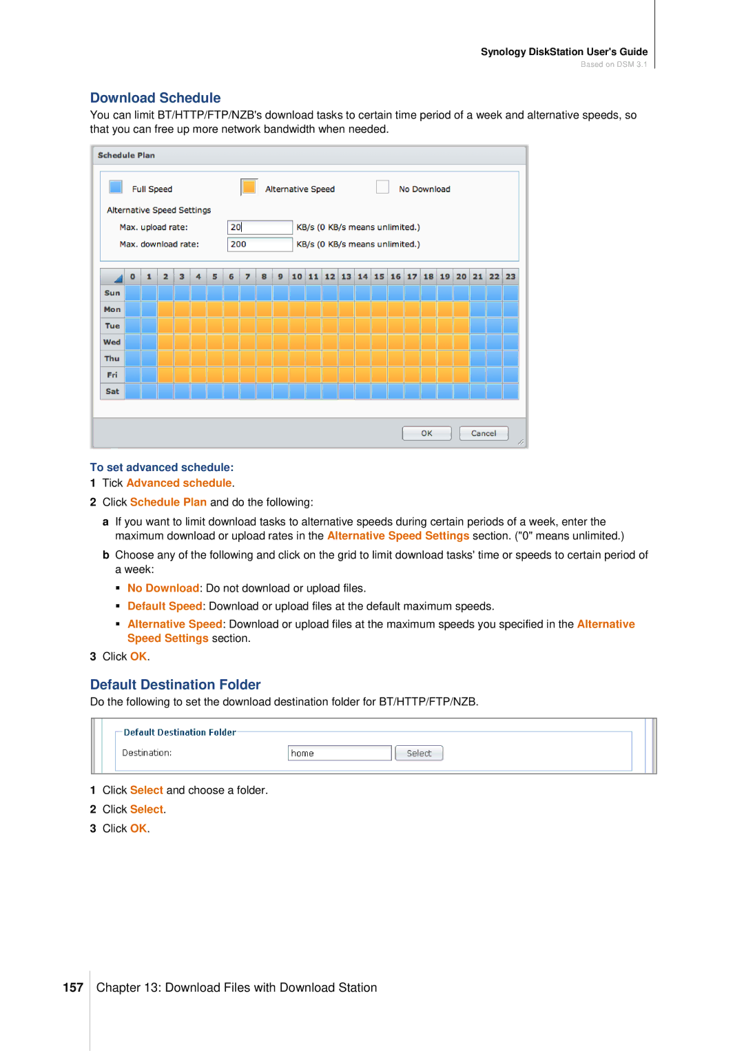 Synology DS411SLIM Download Schedule, Default Destination Folder, 157, To set advanced schedule, Tick Advanced schedule 