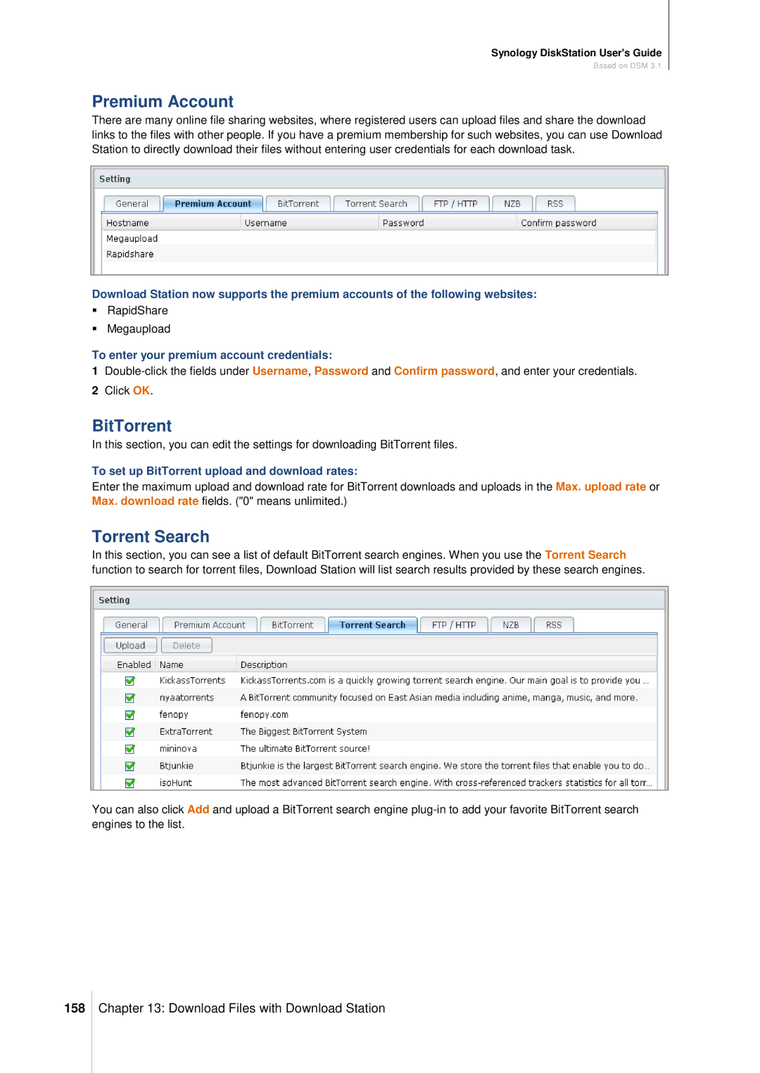 Synology DS411SLIM manual Premium Account, BitTorrent, Torrent Search, 158 