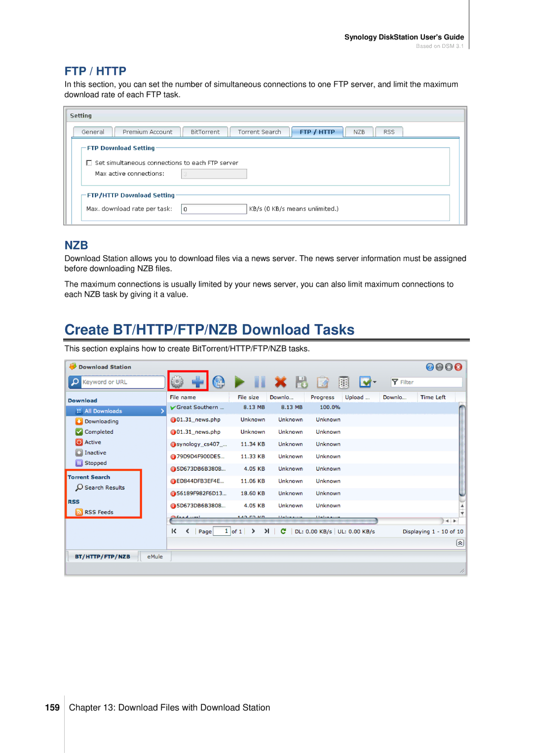 Synology DS411SLIM manual Create BT/HTTP/FTP/NZB Download Tasks, 159 