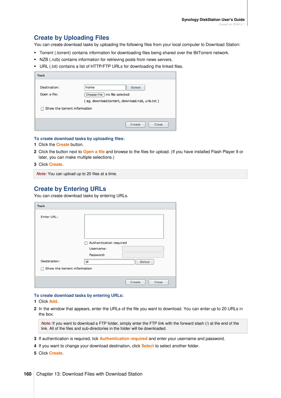 Synology DS411SLIM Create by Uploading Files, Create by Entering URLs, 160, To create download tasks by uploading files 