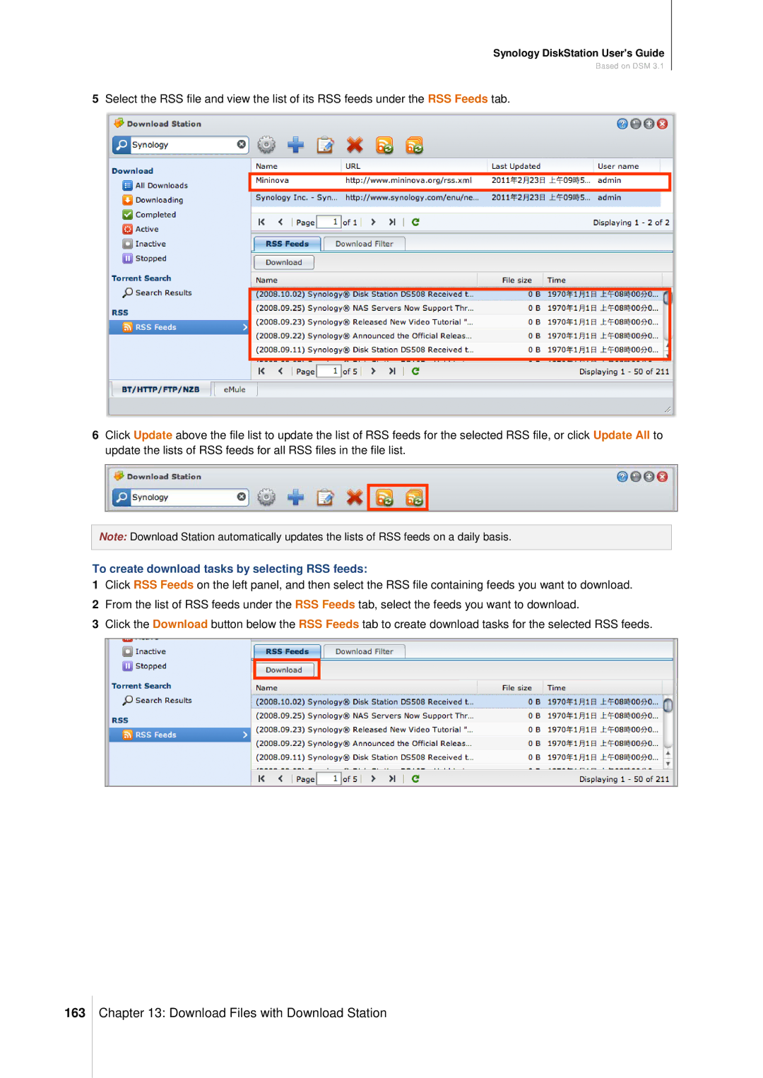 Synology DS411SLIM manual 163, To create download tasks by selecting RSS feeds 