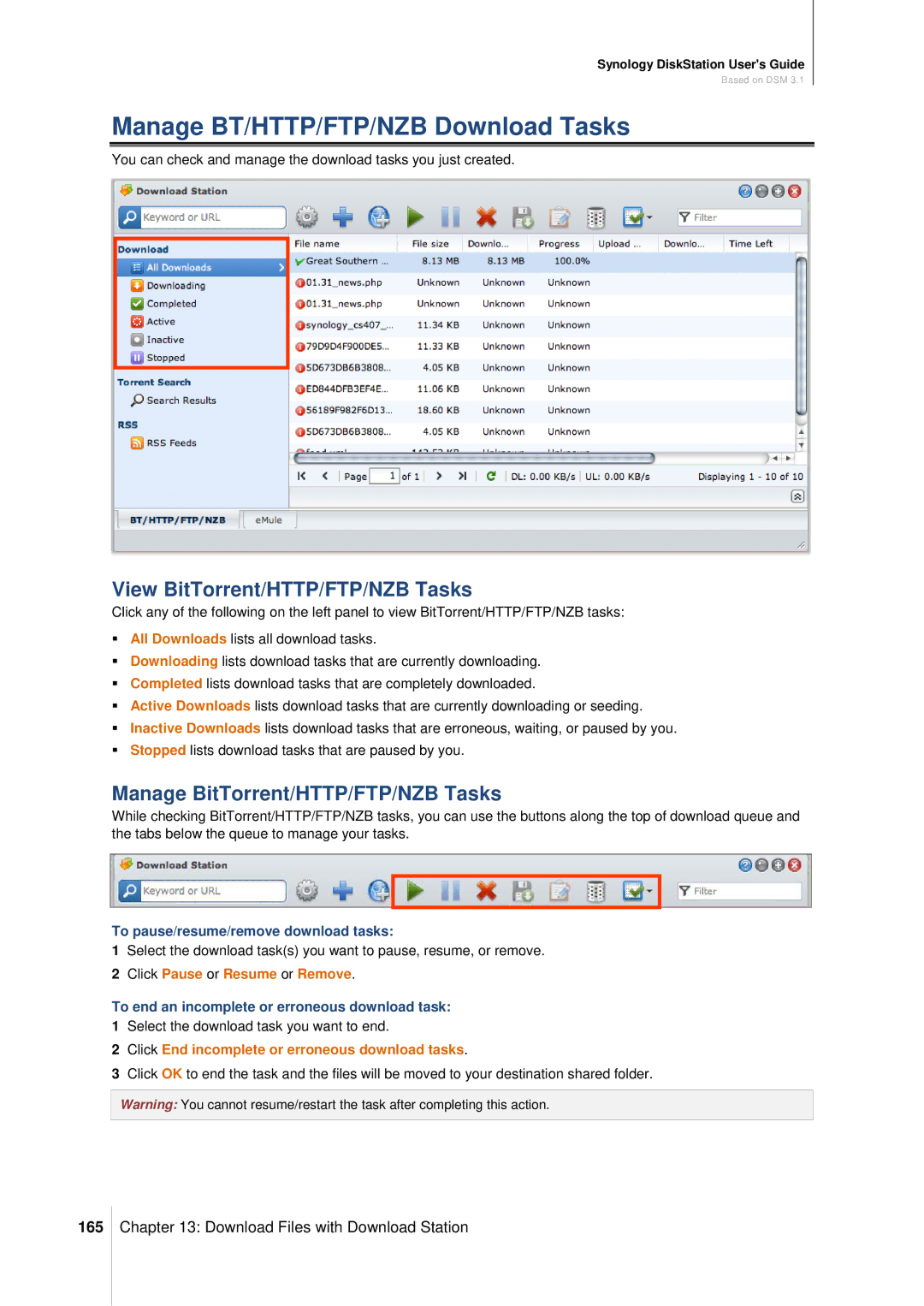 Synology DS411SLIM manual Manage BT/HTTP/FTP/NZB Download Tasks, View BitTorrent/HTTP/FTP/NZB Tasks, 165 