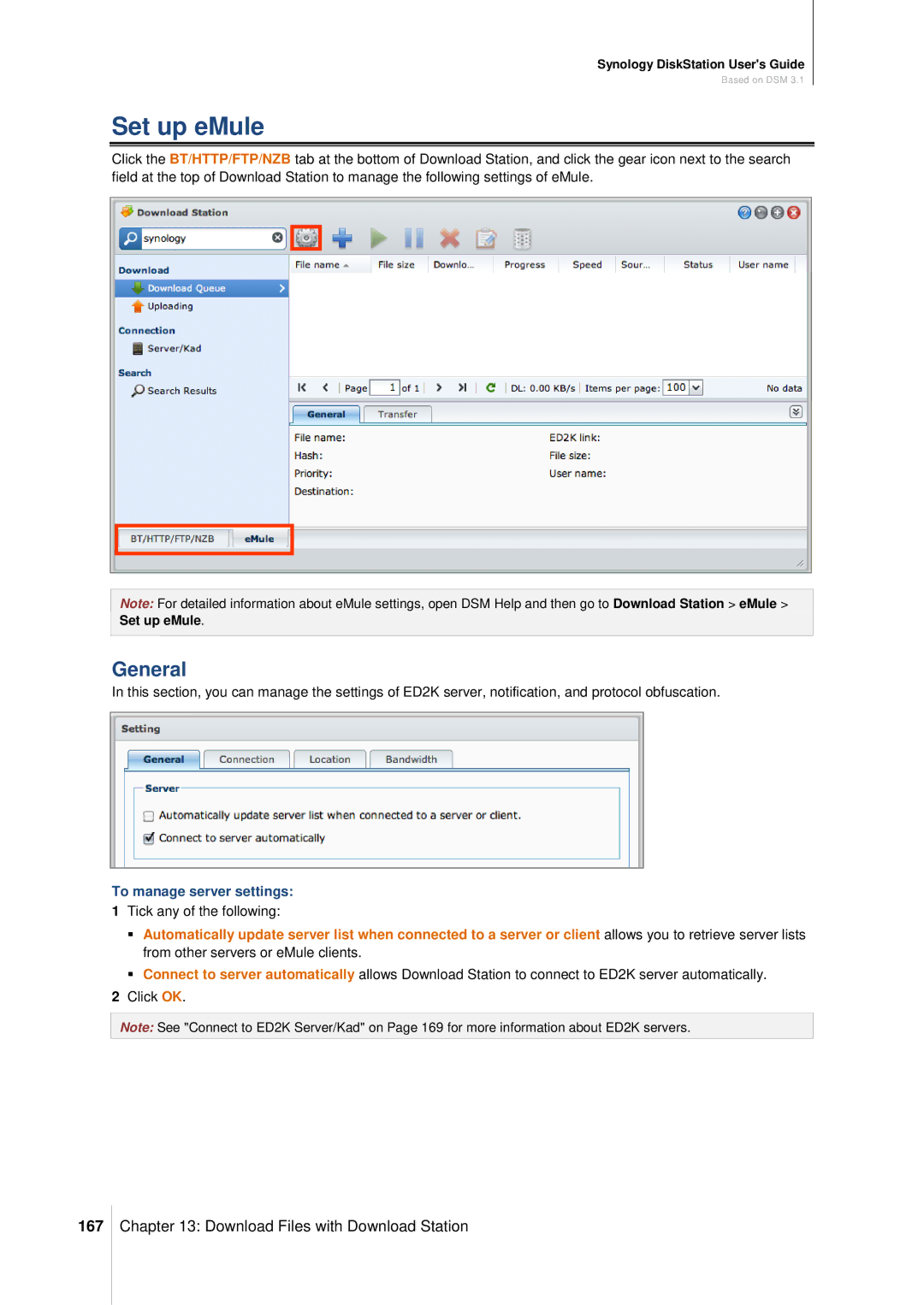 Synology DS411SLIM manual Set up eMule, 167, To manage server settings 