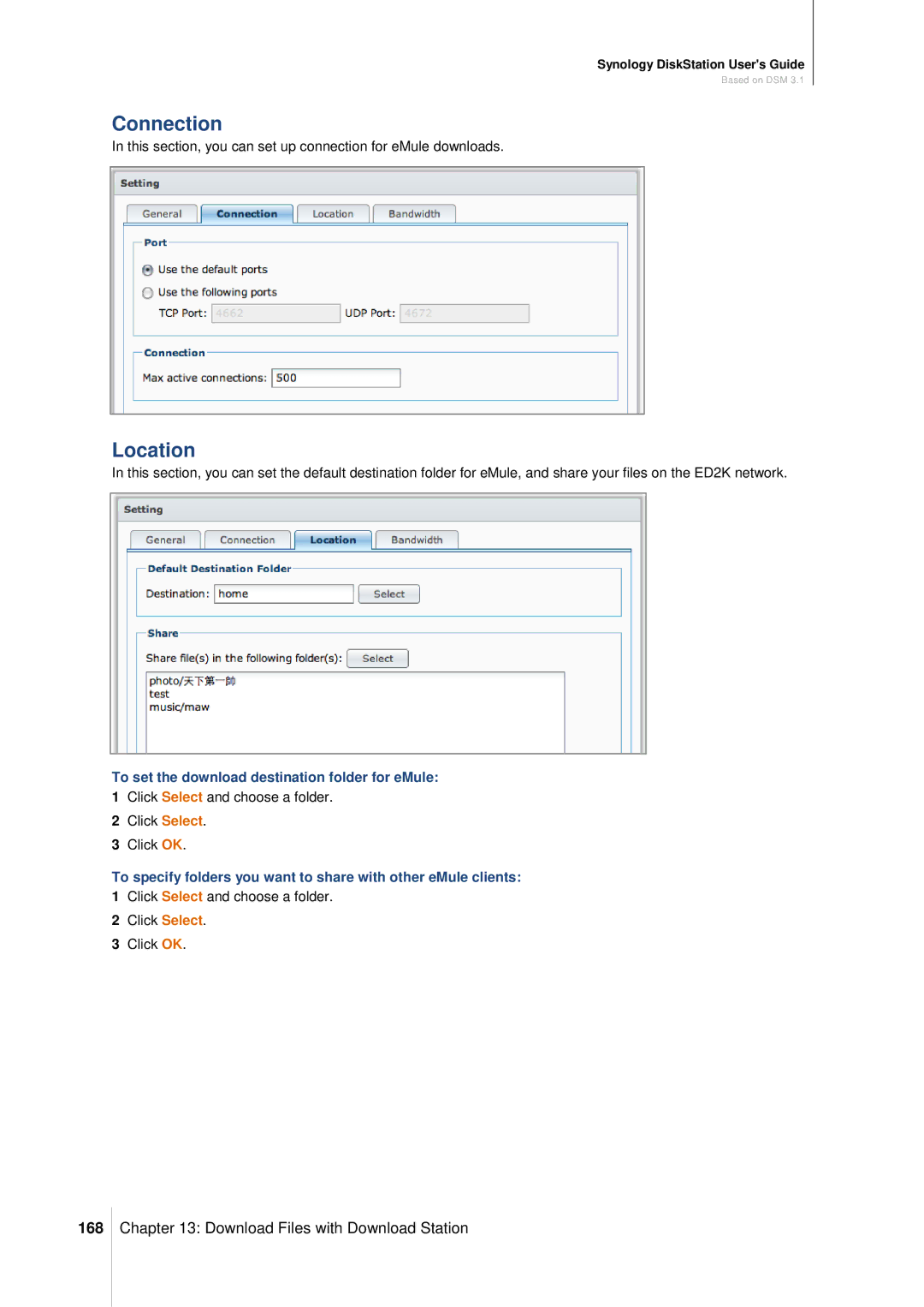 Synology DS411SLIM manual Connection, Location, 168, To set the download destination folder for eMule 