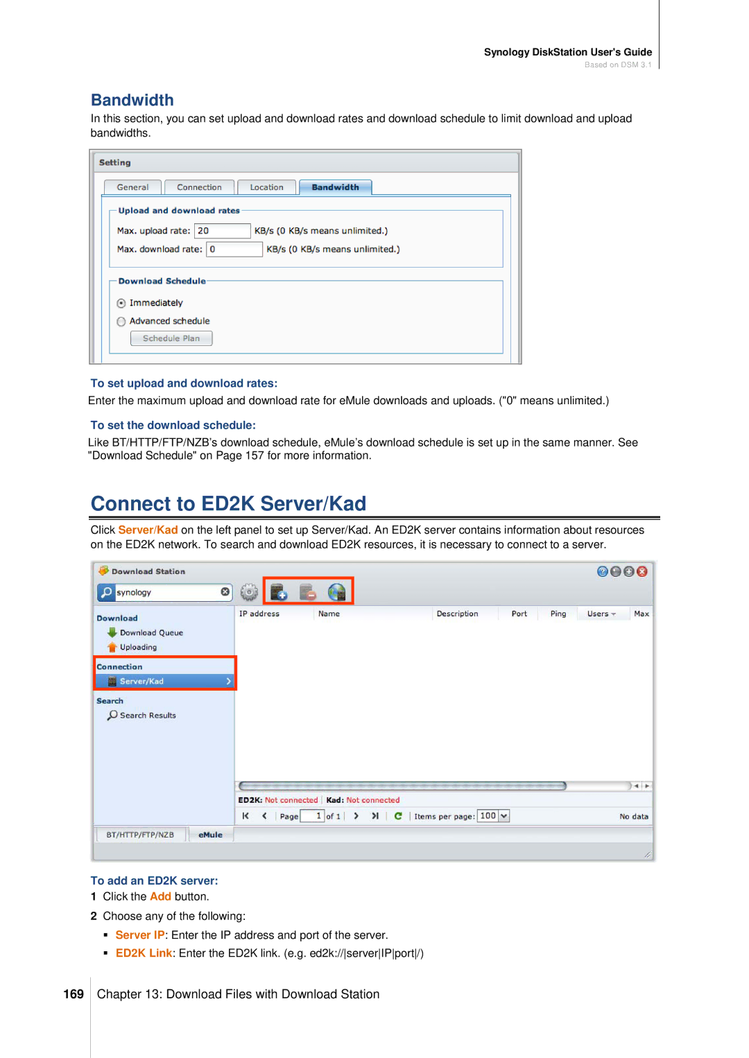Synology DS411SLIM manual Connect to ED2K Server/Kad, Bandwidth, 169 
