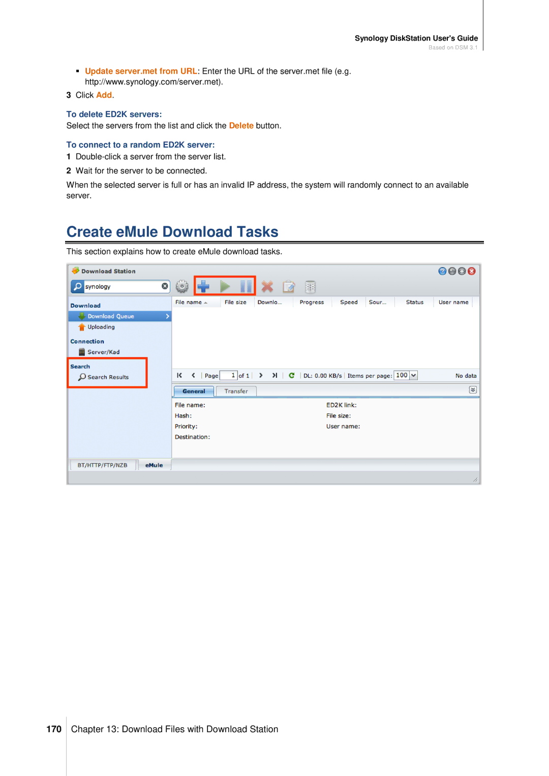 Synology DS411SLIM manual Create eMule Download Tasks, 170, To delete ED2K servers, To connect to a random ED2K server 