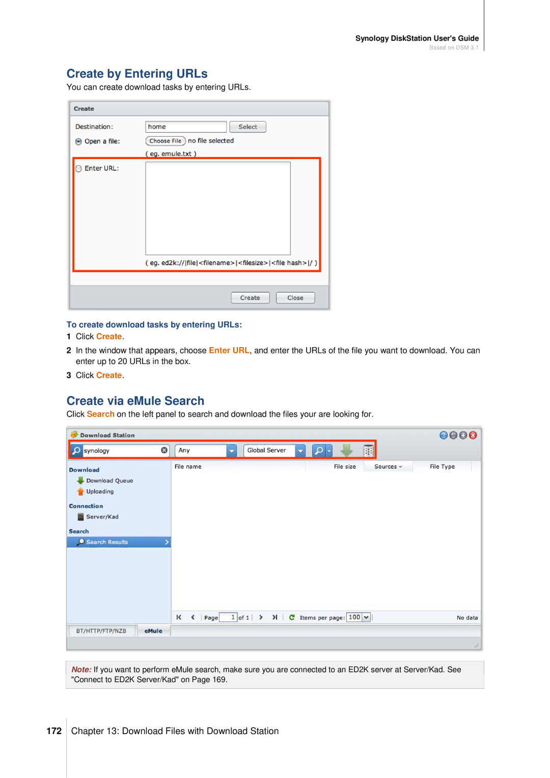 Synology DS411SLIM manual Create via eMule Search, 172 