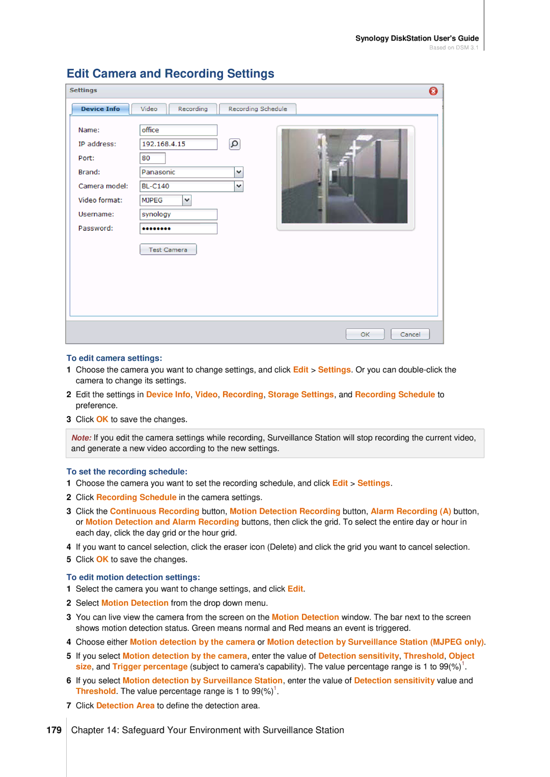 Synology DS411SLIM manual Edit Camera and Recording Settings, 179, To edit camera settings, To set the recording schedule 