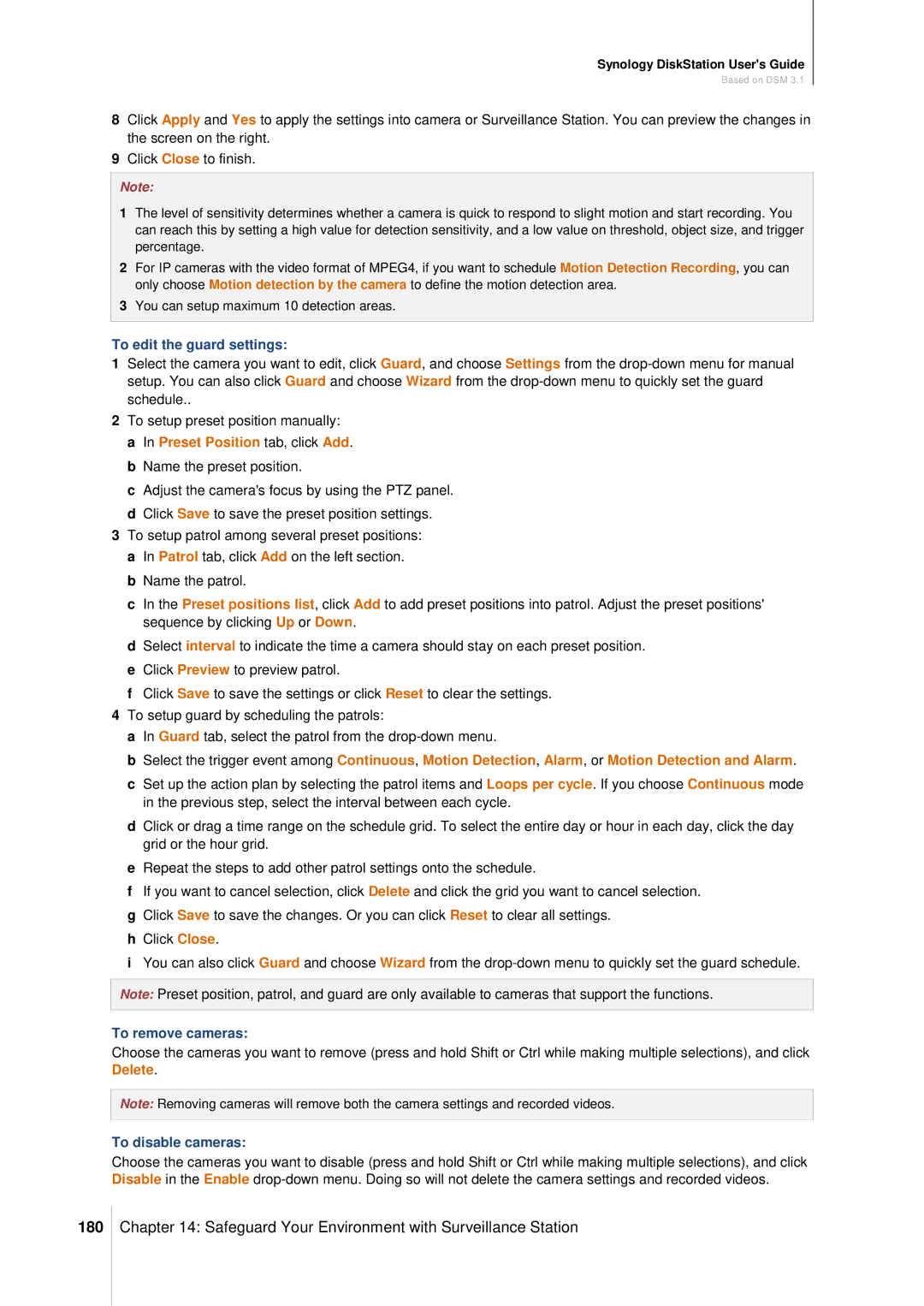 Synology DS411SLIM manual 180, To edit the guard settings, To remove cameras, To disable cameras 