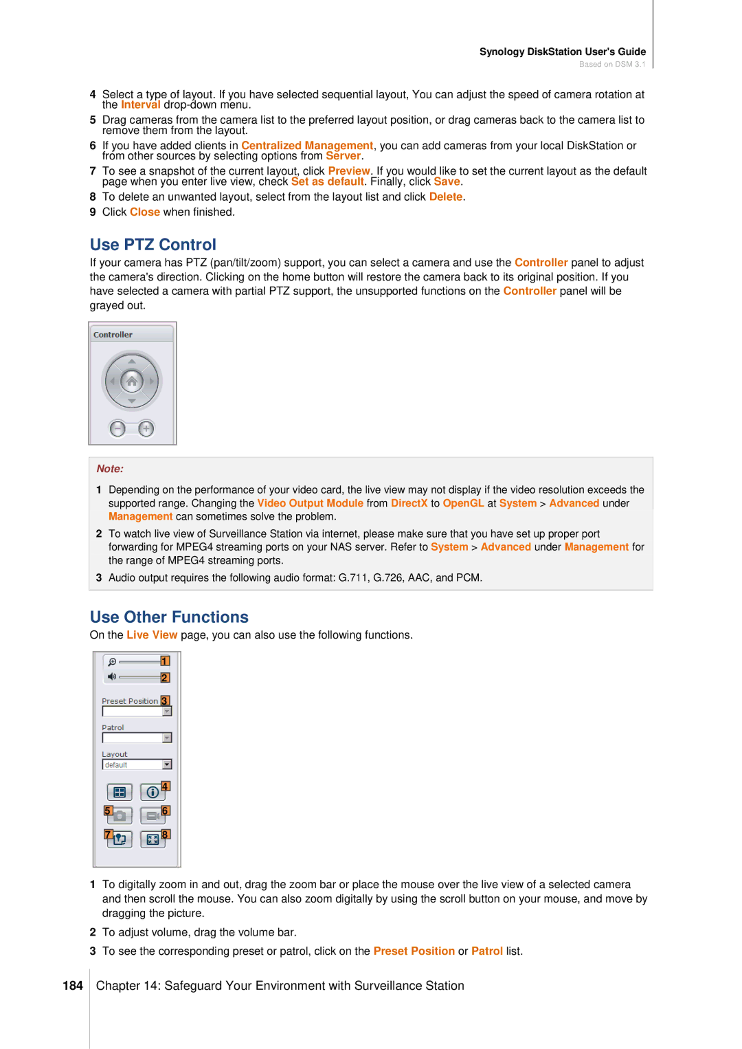 Synology DS411SLIM manual Use PTZ Control, Use Other Functions, 184 